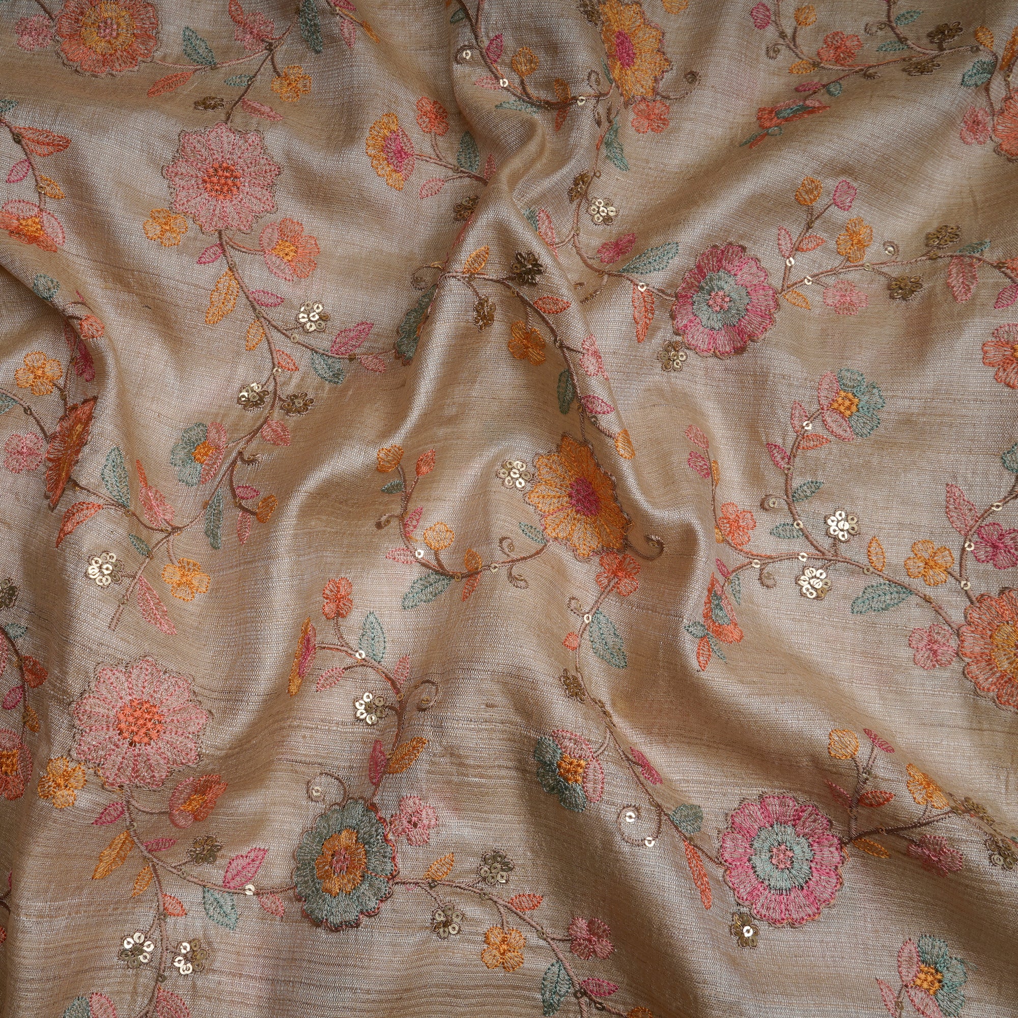 Natural Beige Multi Color Floral Pattern Thread & Sequin Embroidered Tusser Silk Fabric