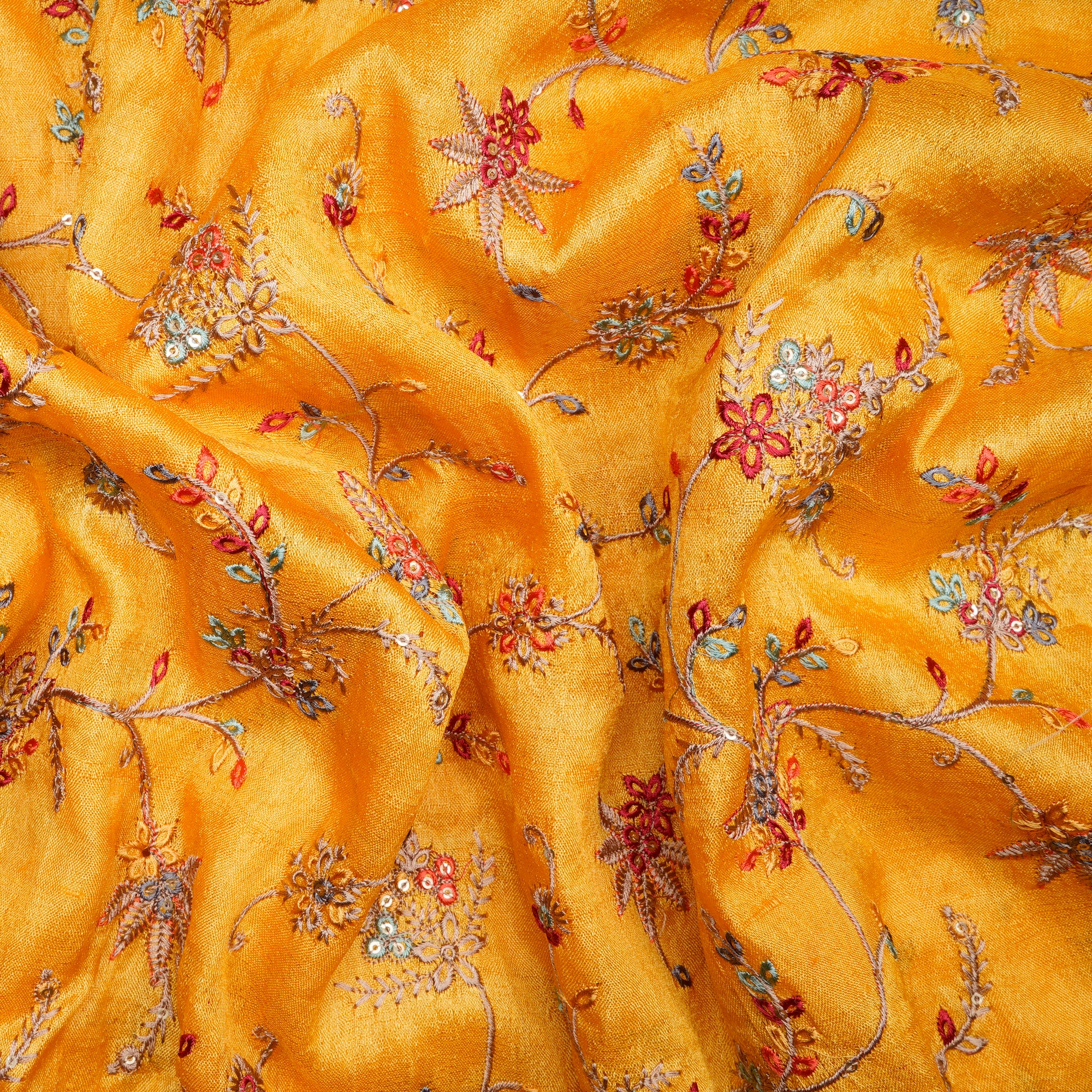 Mustard Floral Pattern Thread & Sequins Embroidered Tusser Silk Fabric
