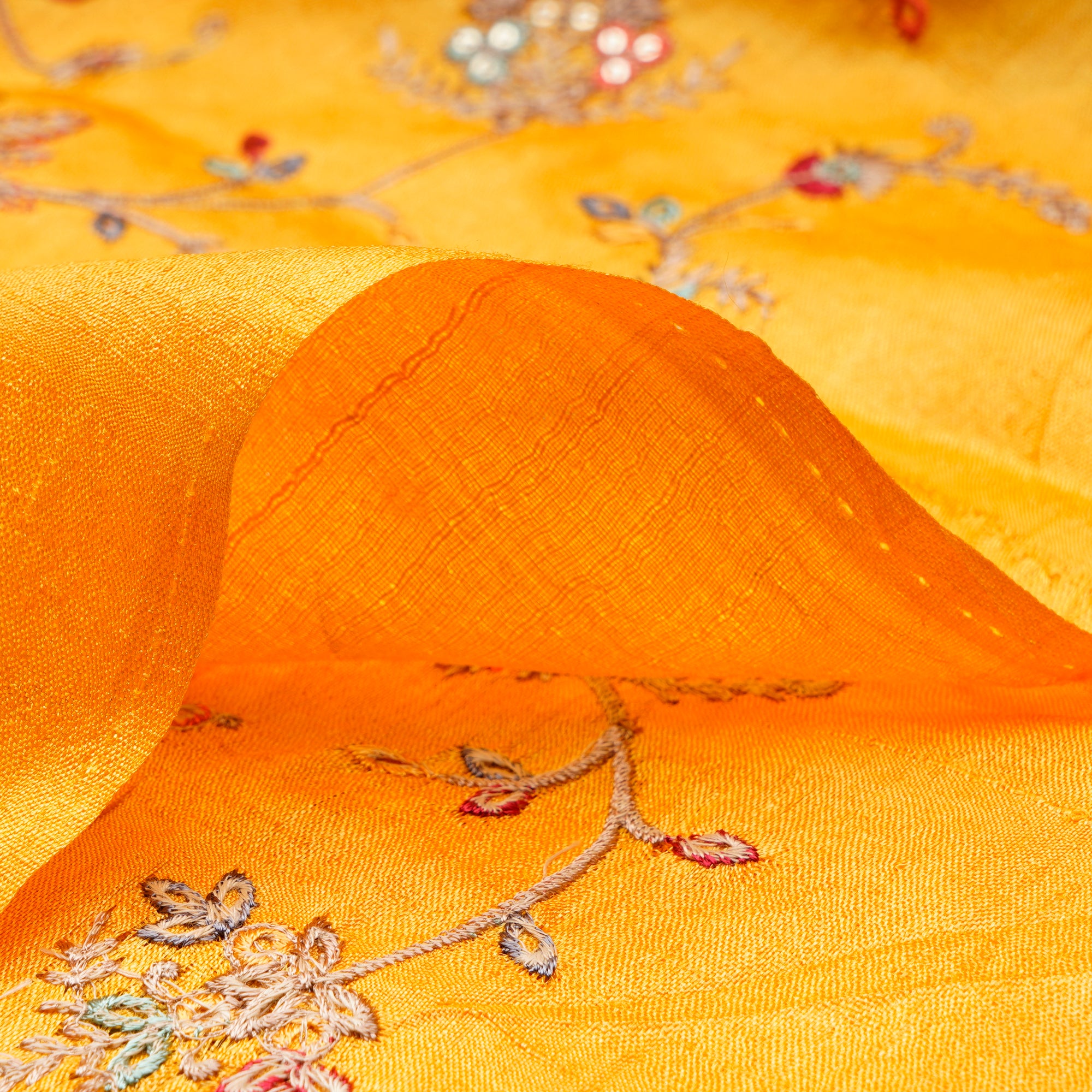 Mustard Floral Pattern Thread & Sequins Embroidered Tusser Silk Fabric