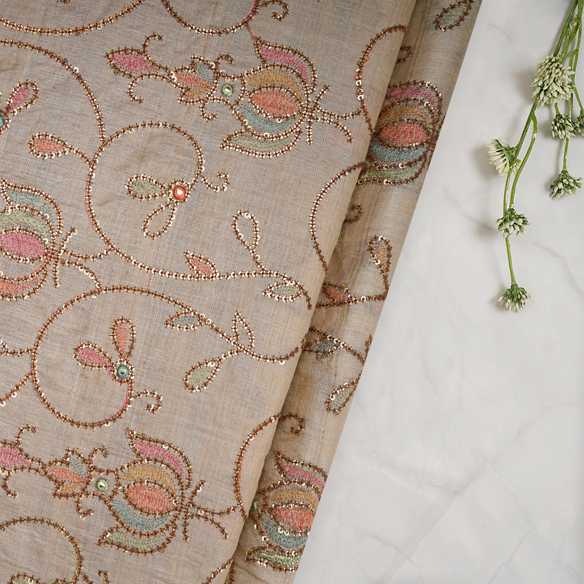 Beige All Over Pattern Thread & Sequin Embroidered Tusser Fabric