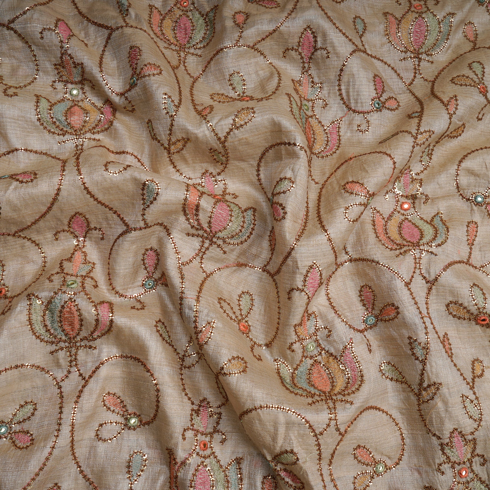 Beige All Over Pattern Thread & Sequin Embroidered Tusser Fabric