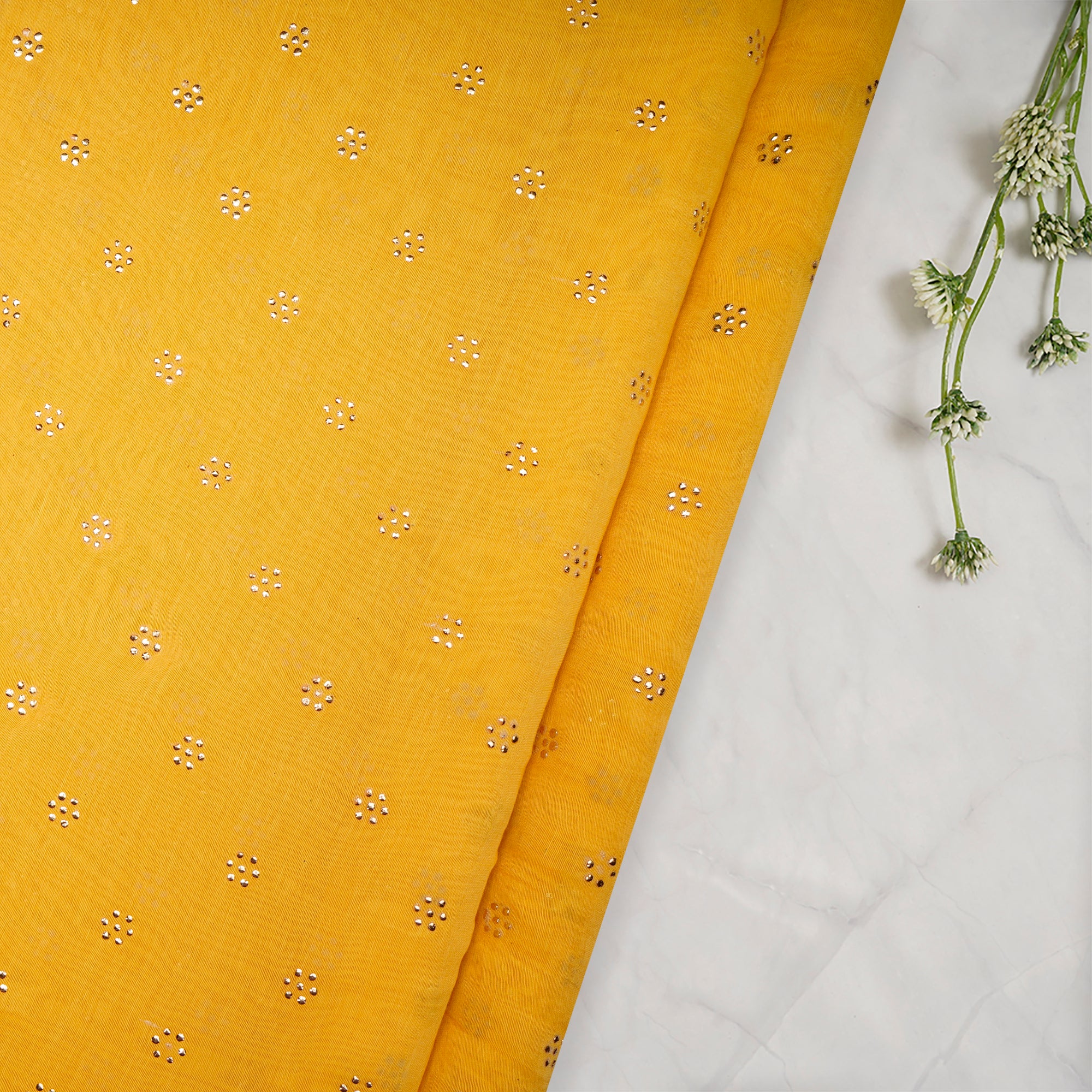 Yellow Dyed Mukaish Look Dewdrops Work Pure Fine Chanderi Fabric