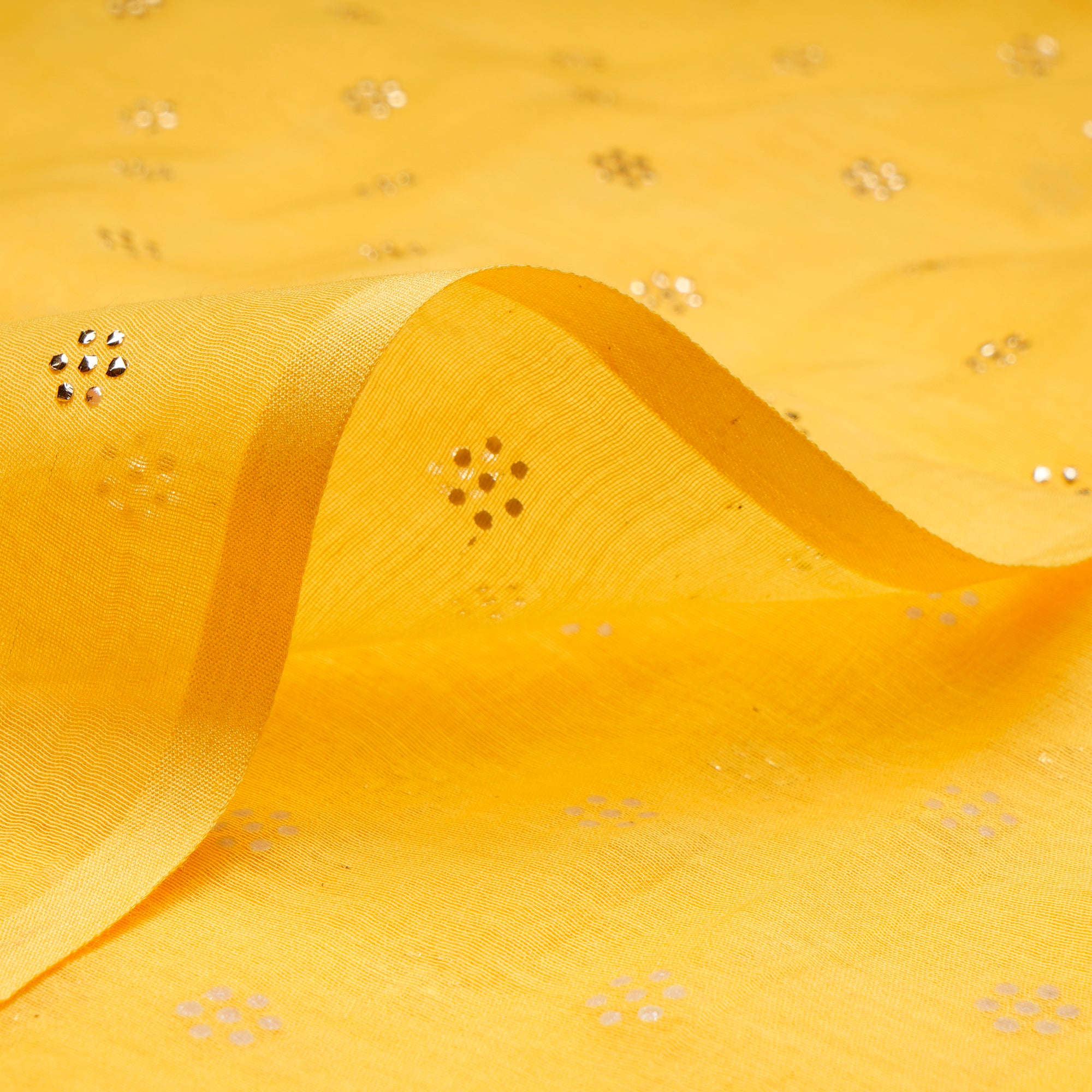 Yellow Dyed Mukaish Look Dewdrops Work Pure Fine Chanderi Fabric