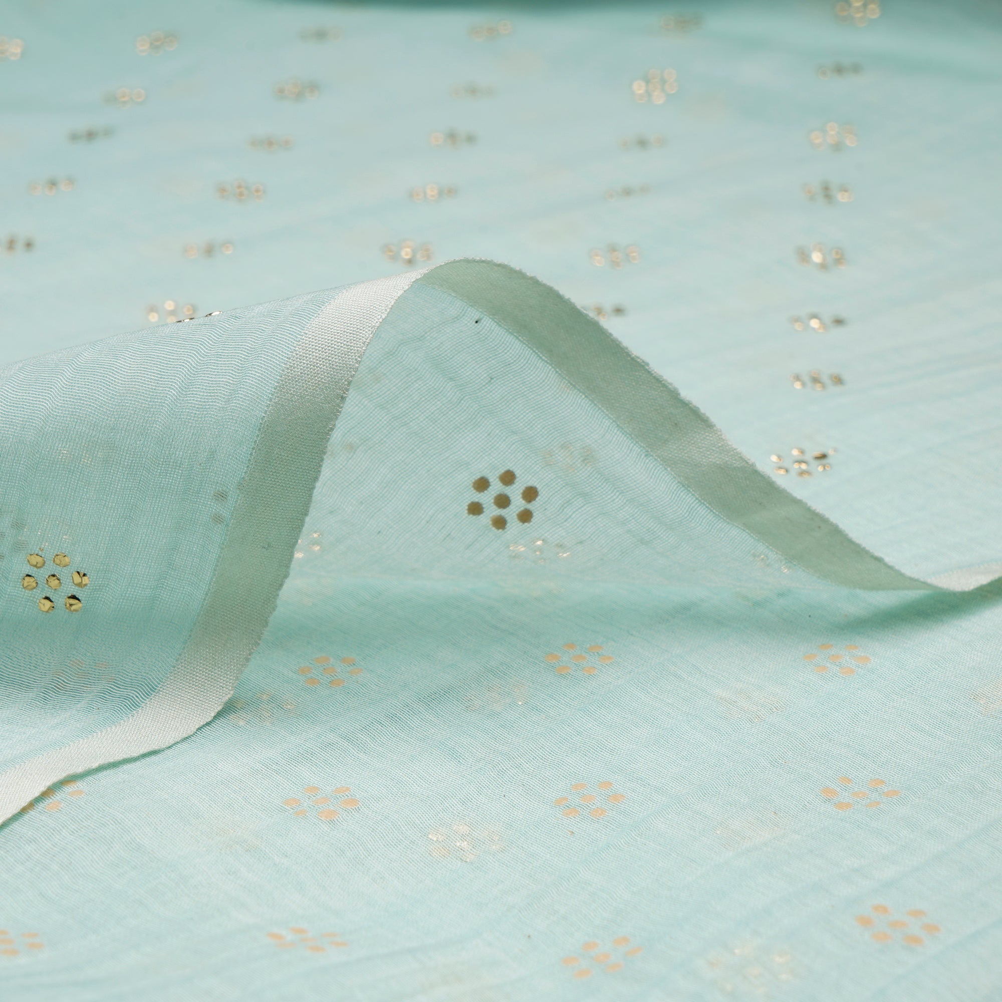 Ice Green Dyed Mukaish Look Dewdrops Work Pure Fine Chanderi Fabric