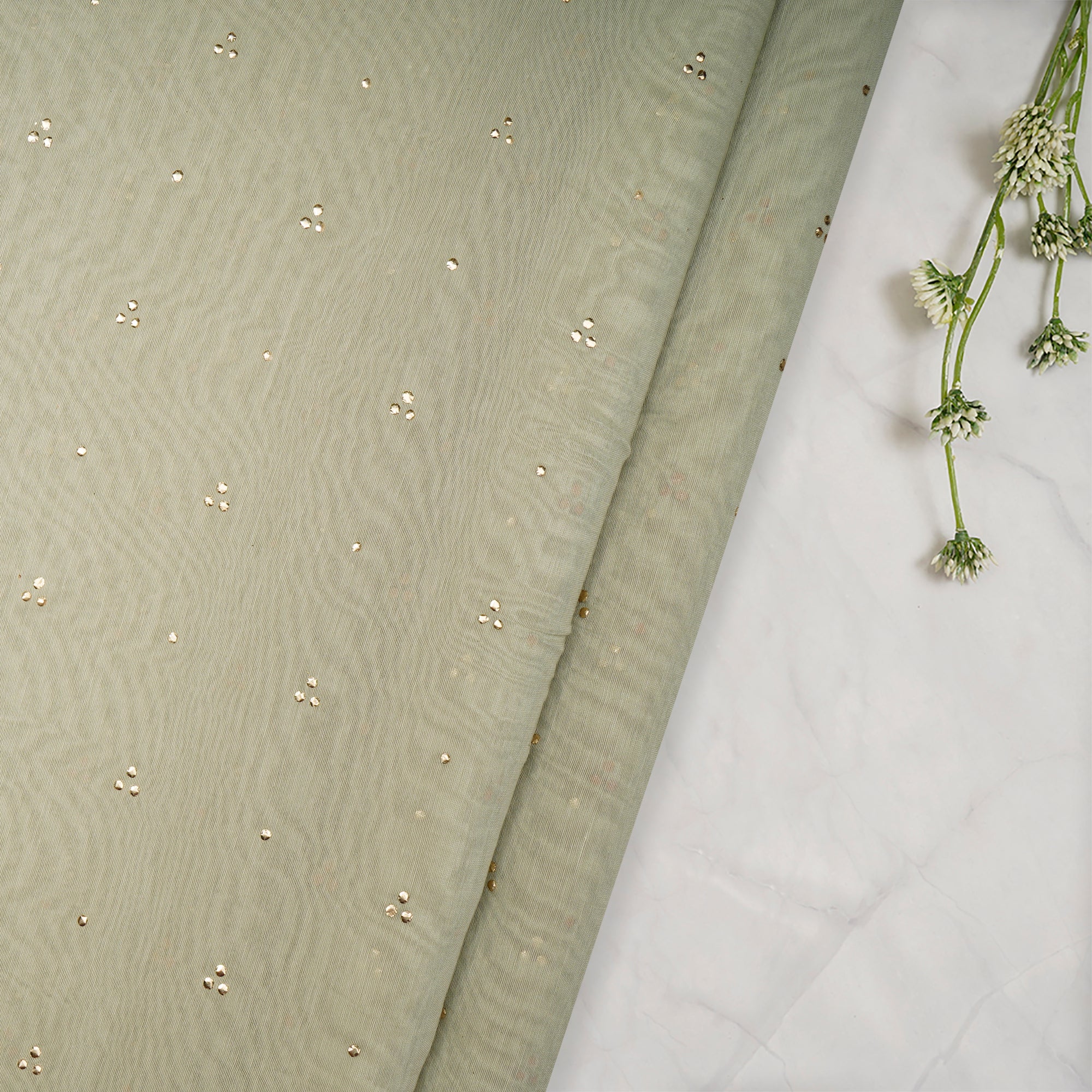 Pastel Green Dyed Mukaish Look Dewdrops Work Pure Fine Chanderi Fabric