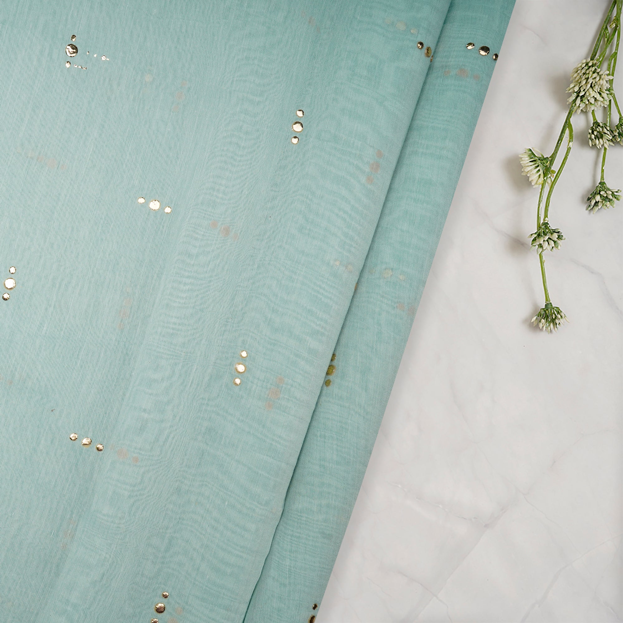 Sky Blue Dyed Mukaish Look Dewdrops Work Pure Fine Chanderi Fabric