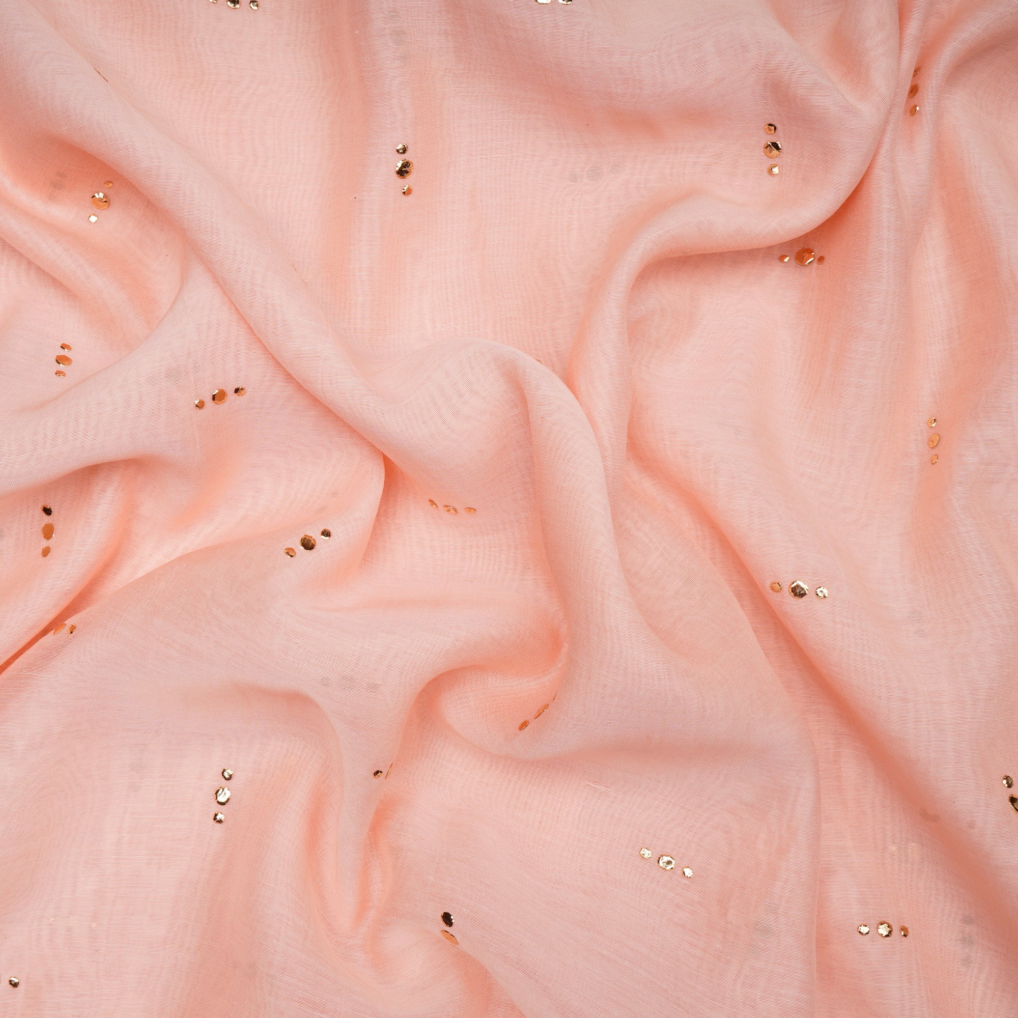 Peach Dyed Mukaish Look Dewdrops Work Pure Fine Chanderi Fabric