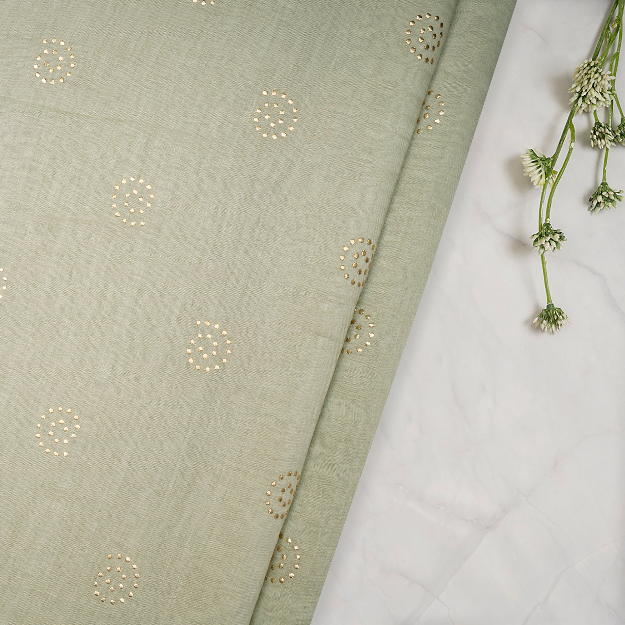 Olive Dyed Mukaish Look Dewdrops Work Pure Fine Chanderi Fabric