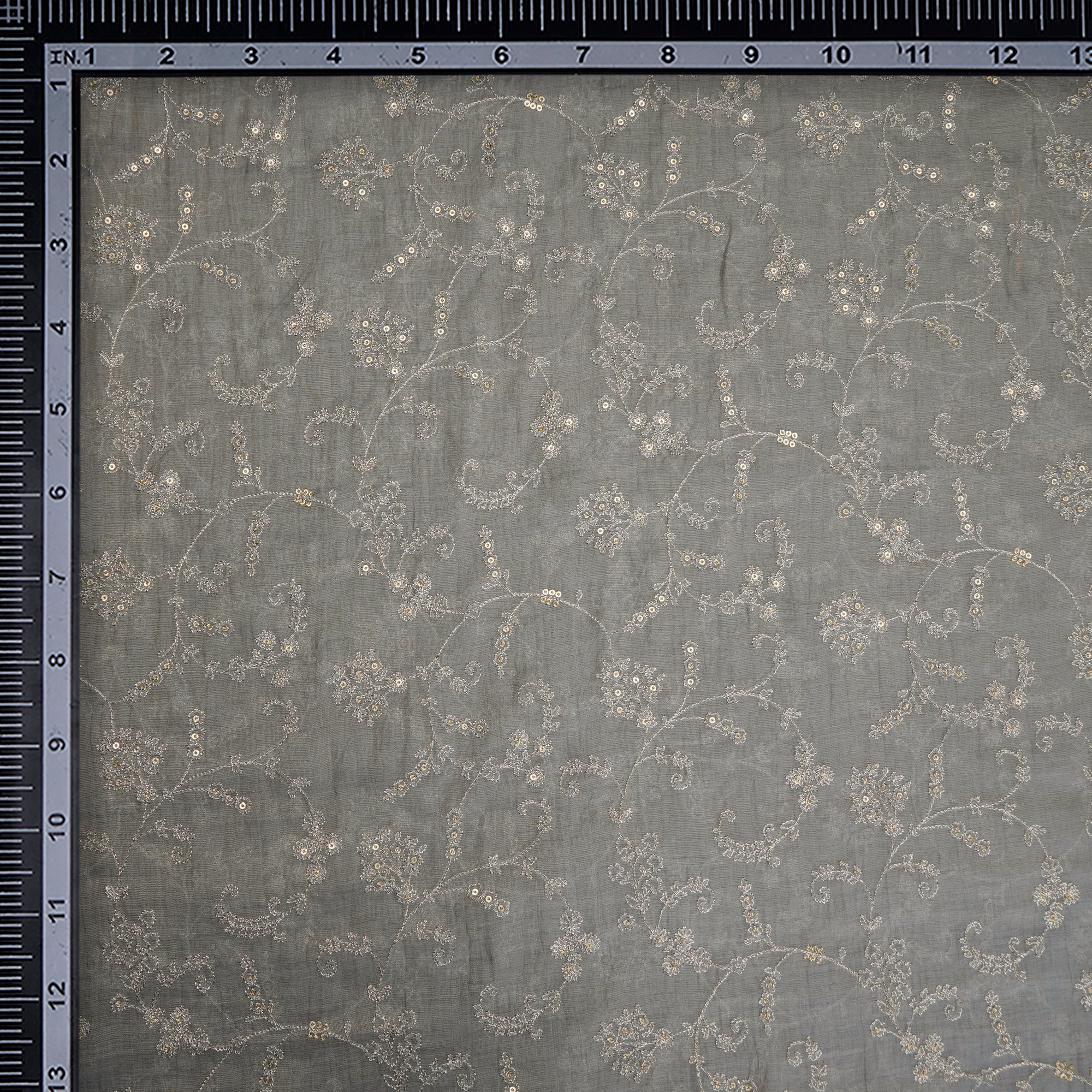 Grey Dyed Floral Pattern Zari Embroidered Tissue Chanderi Fabric