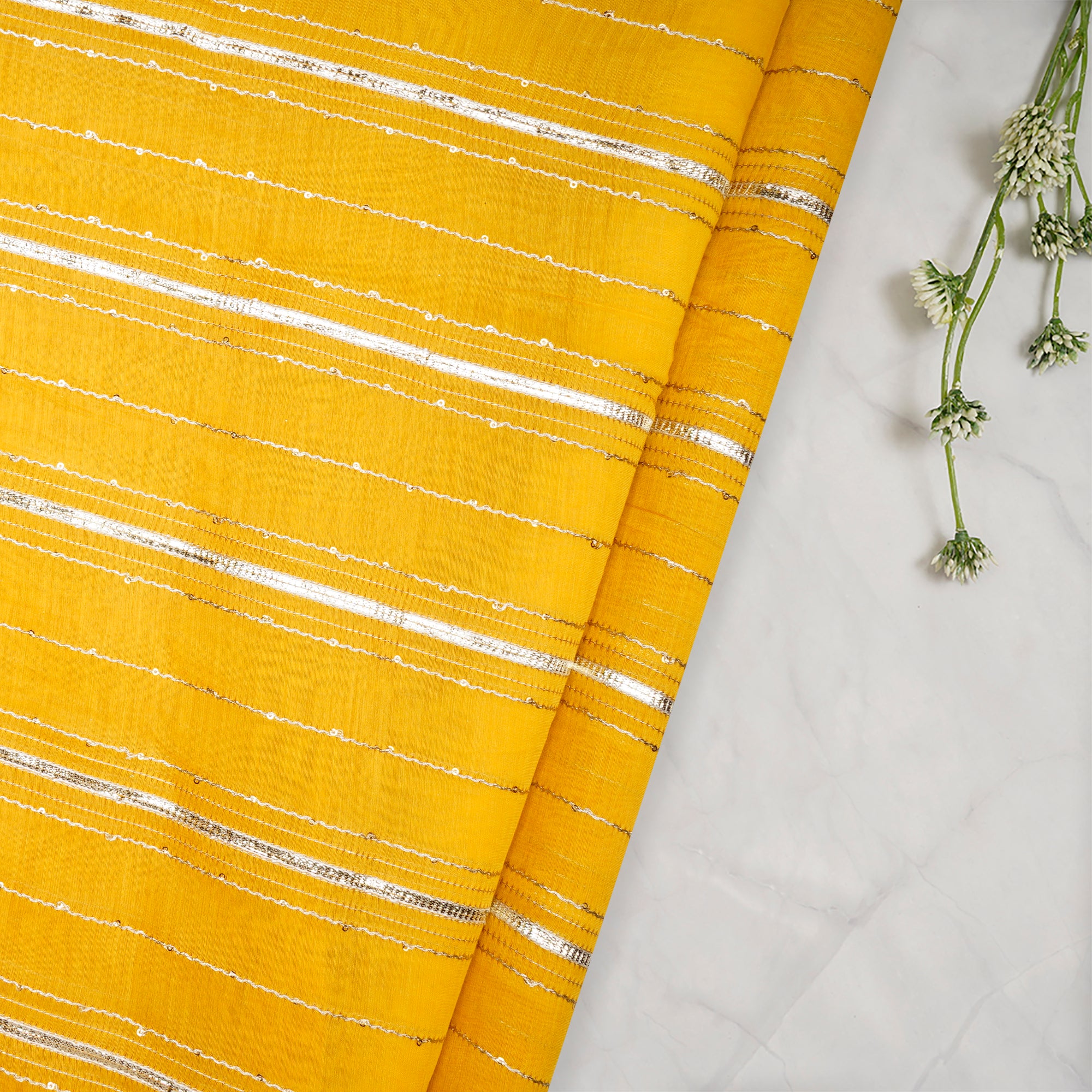 Musterd-Gold Stripe Pattern Thread Embroidered Chanderi Fabric
