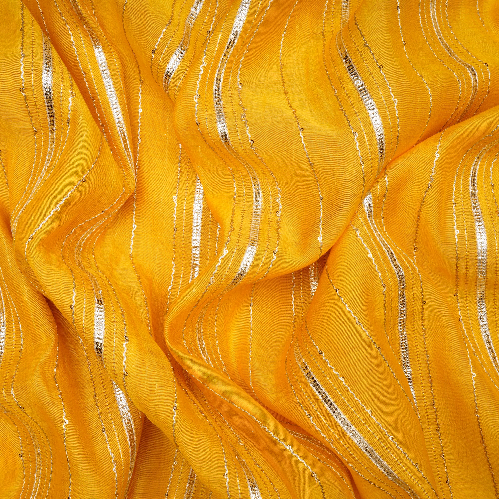 Musterd-Gold Stripe Pattern Thread Embroidered Chanderi Fabric