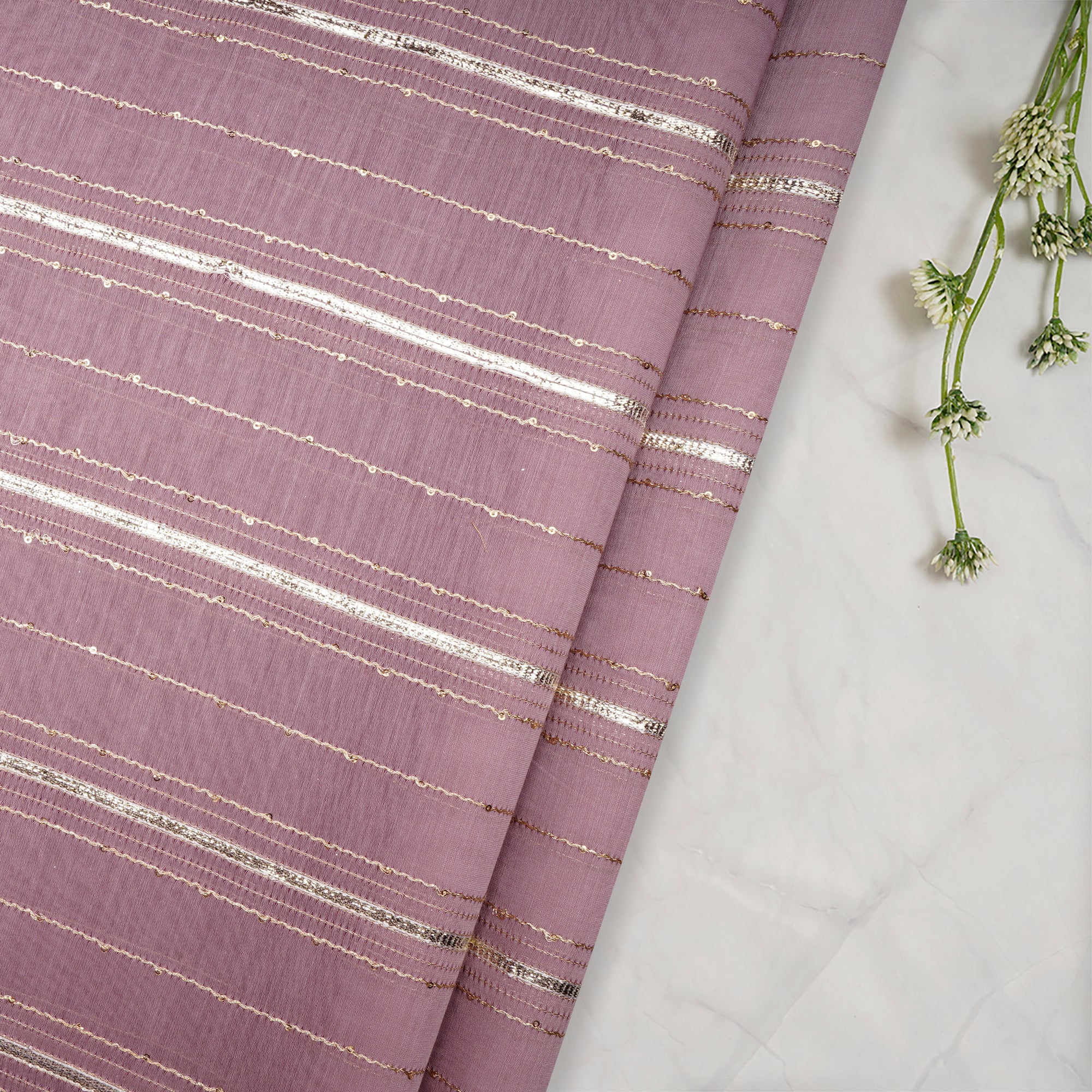 Lavender-Gold Stripe Pattern Thread Embroidered Chanderi Fabric