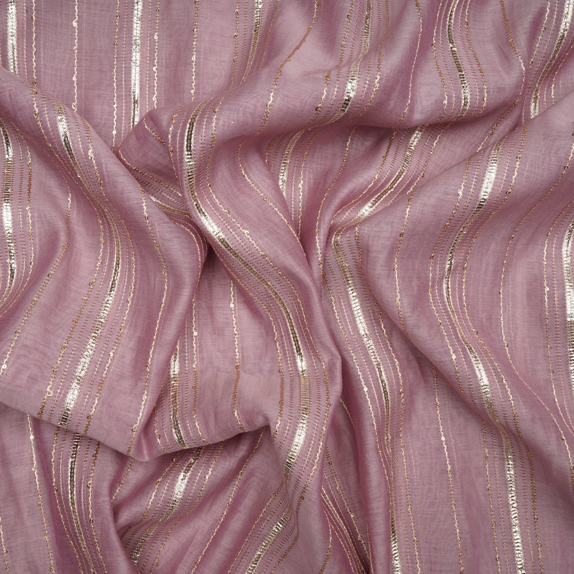 Lavender-Gold Stripe Pattern Thread Embroidered Chanderi Fabric