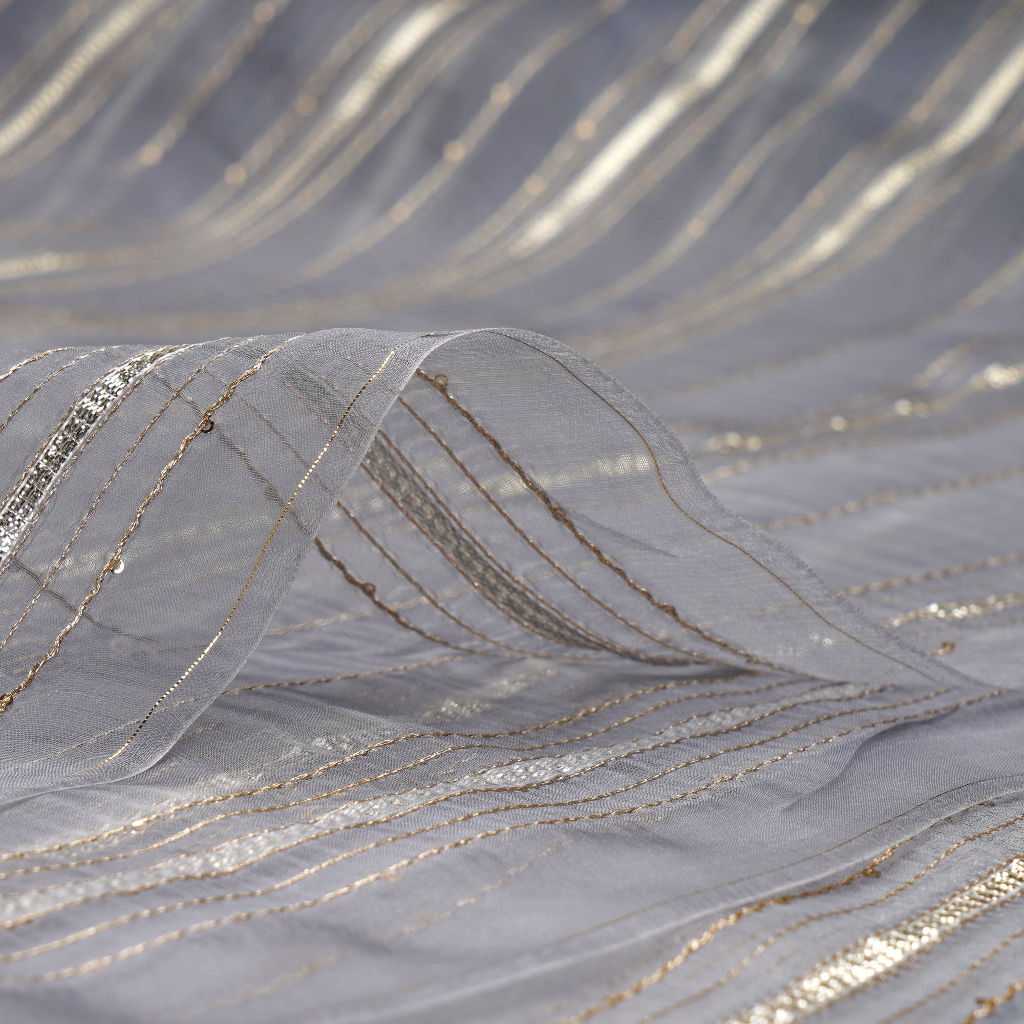 Light Grey Dyed Stripe Pattern Embroidered Organza Silk Fabric