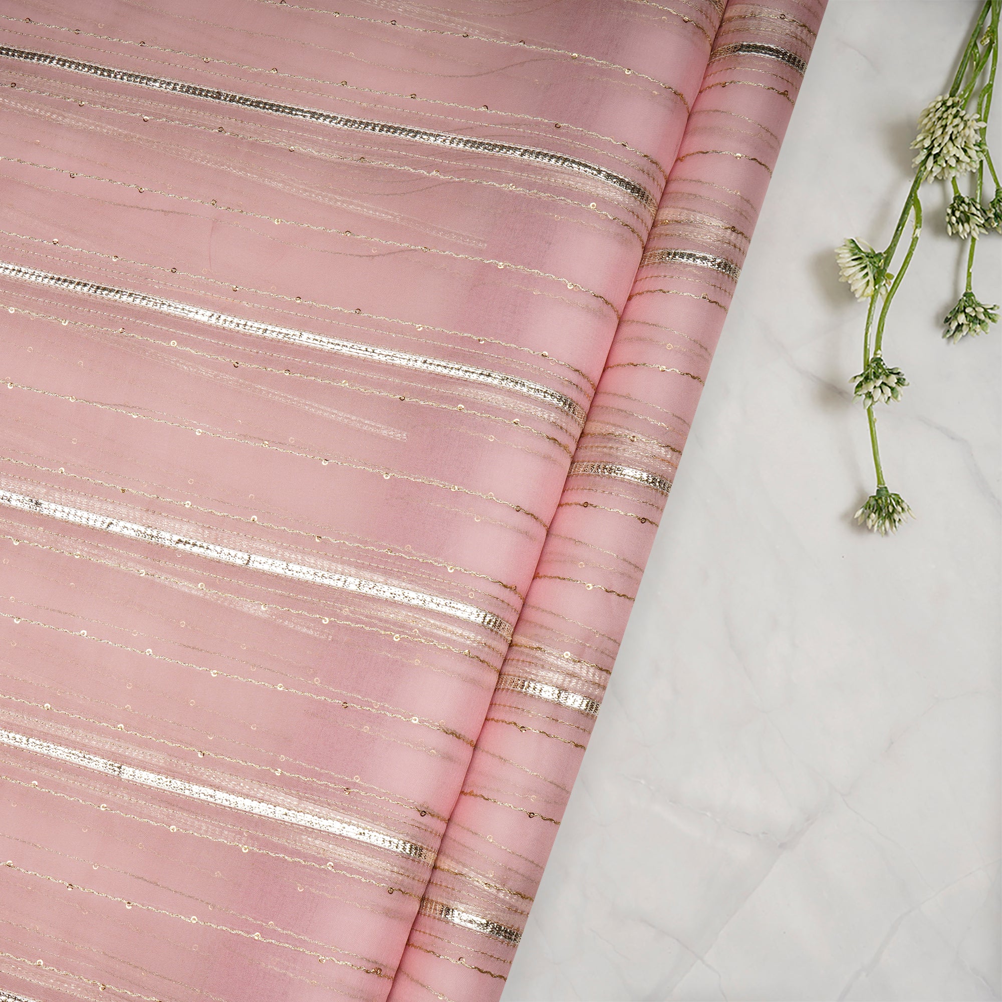 Baby Pink Dyed Stripe Pattern Embroidered Organza Silk Fabric