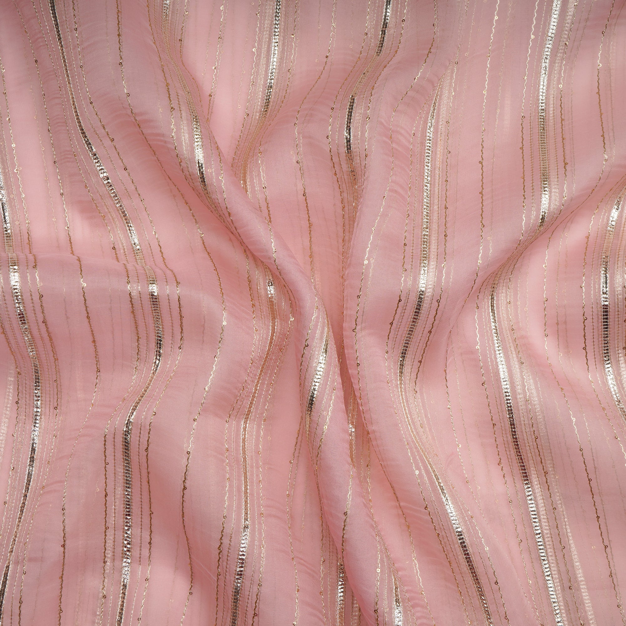 Baby Pink Dyed Stripe Pattern Embroidered Organza Silk Fabric