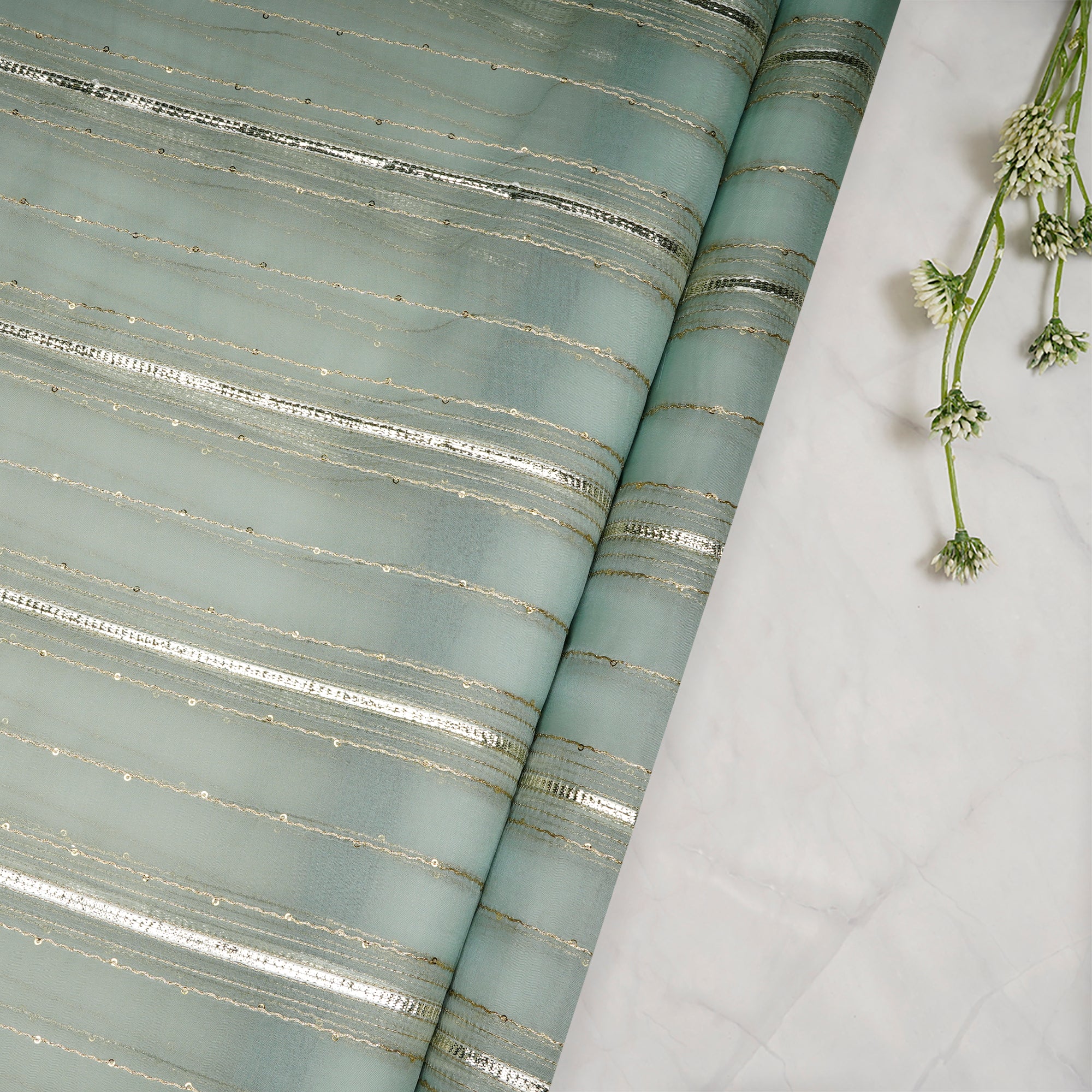 Aqua Glass Dyed Stripe Pattern Embroidered Organza Silk Fabric