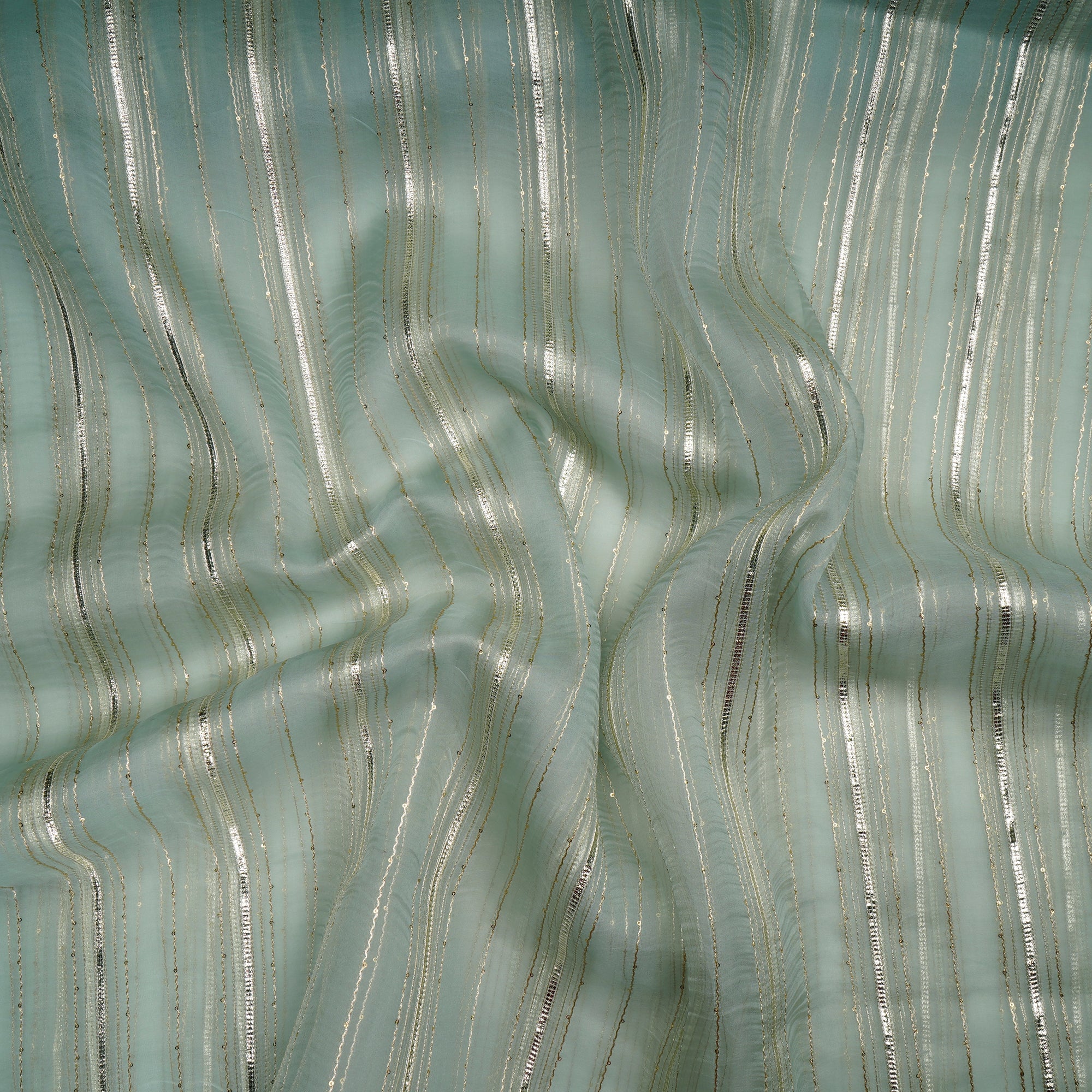 Aqua Glass Dyed Stripe Pattern Embroidered Organza Silk Fabric