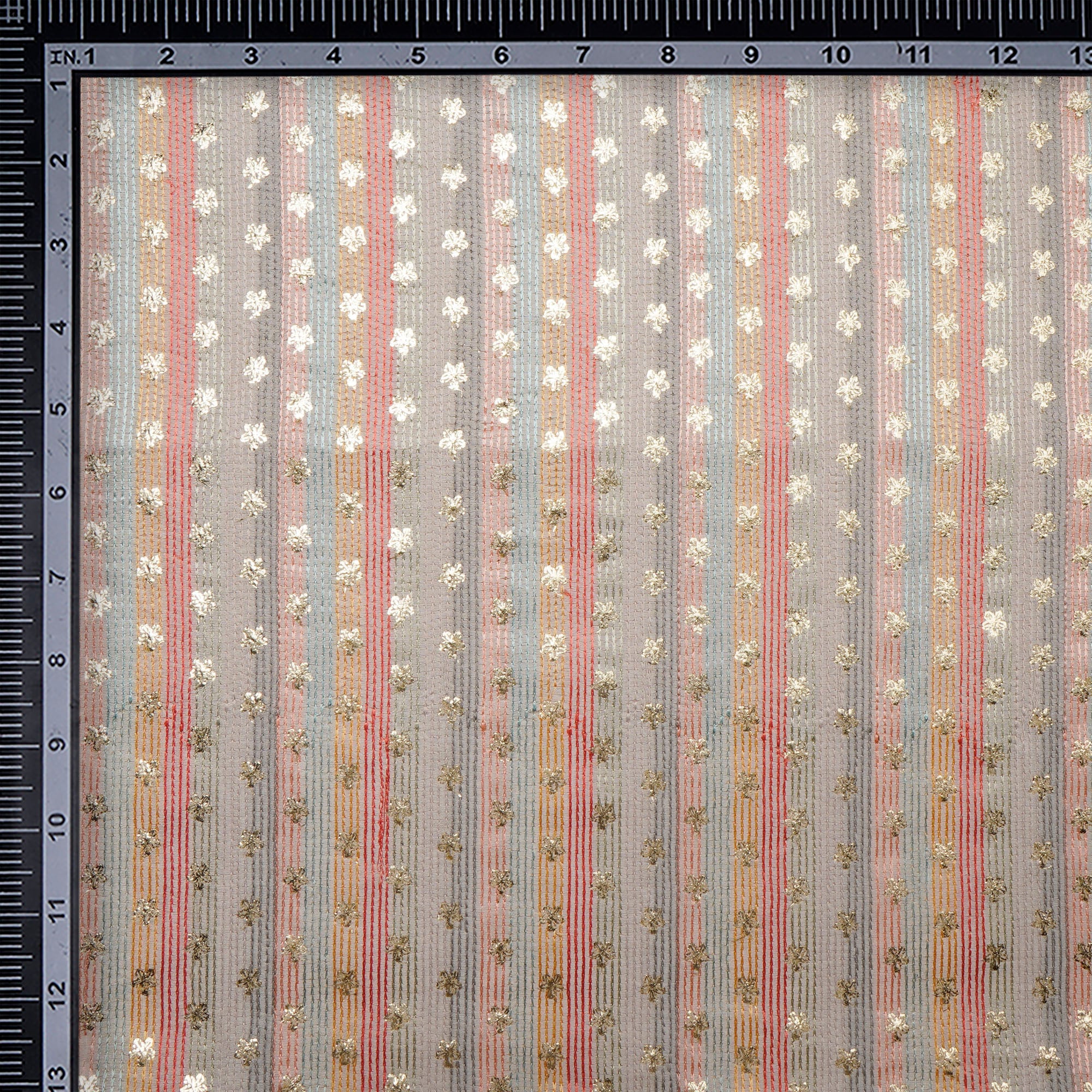 Off White Dyeable Stripe Pattern Thread and Mukaish Embroidered Chanderi Fabric