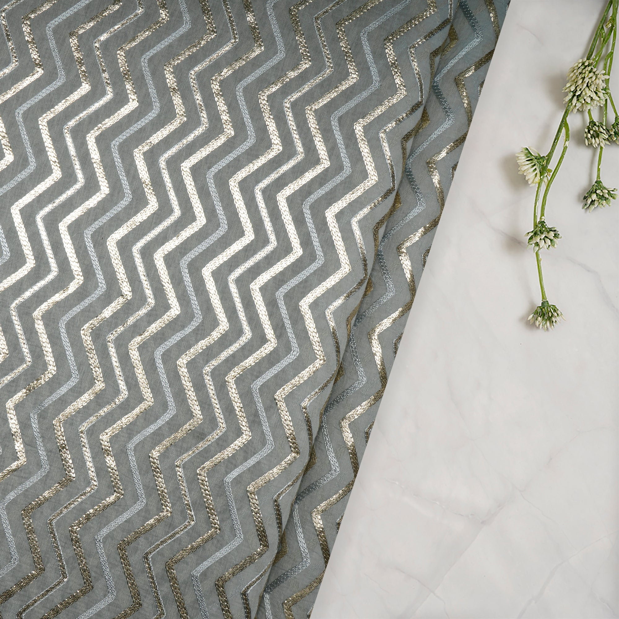 Light Grey Chevron Pattern Thread Embroidered Chanderi Fabric