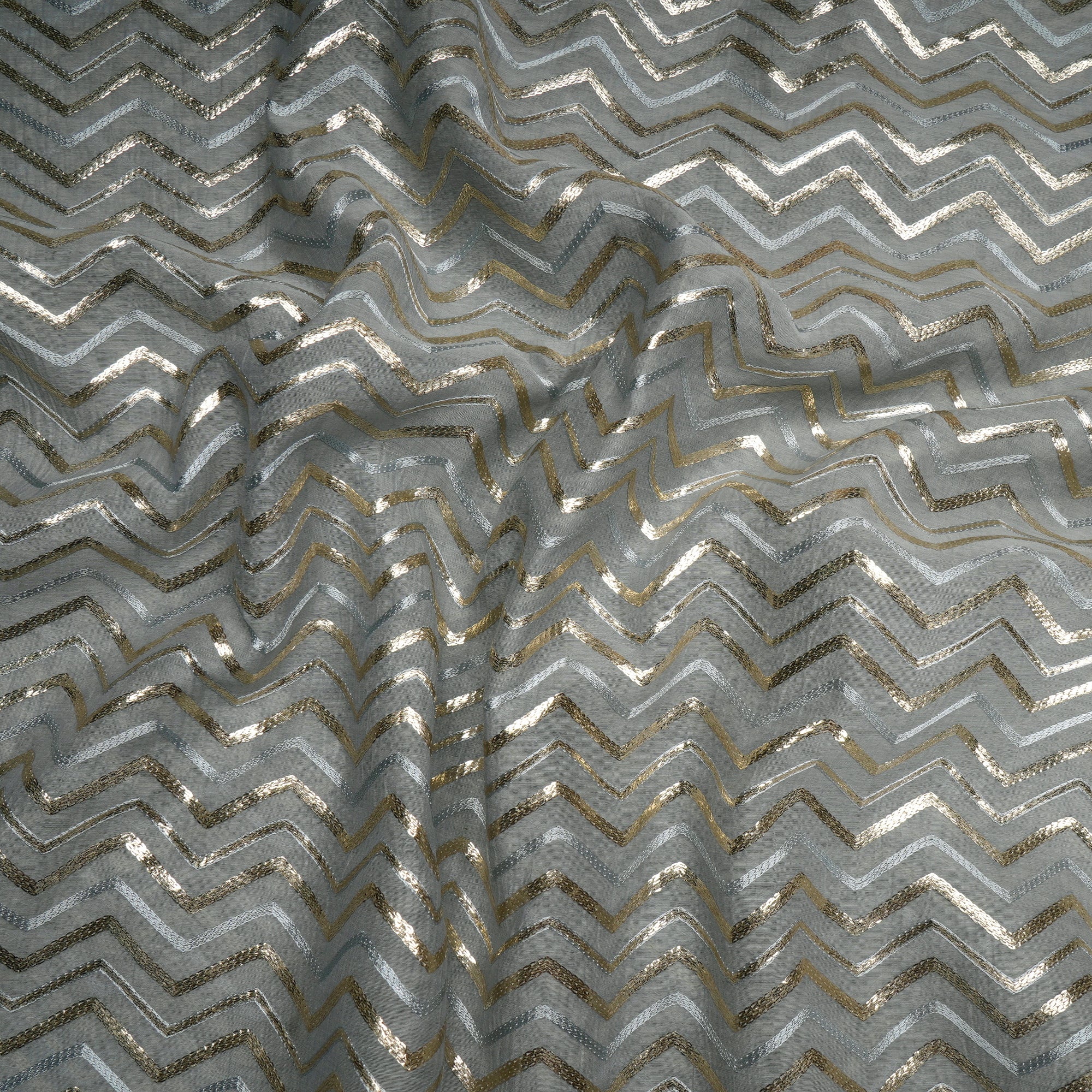 Light Grey Chevron Pattern Thread Embroidered Chanderi Fabric