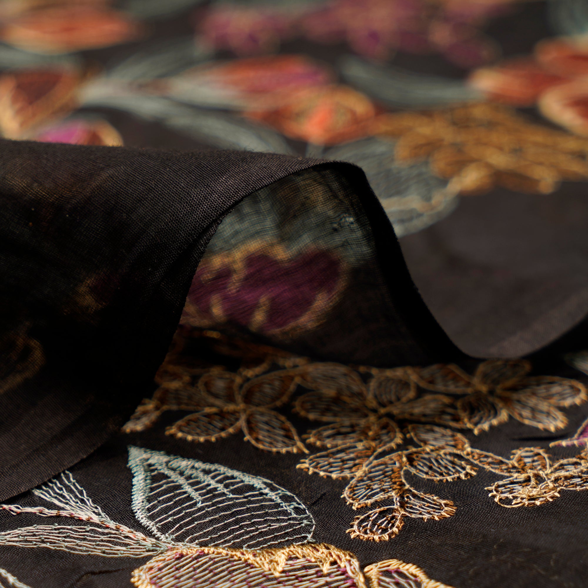 Black All Over Pattern Thread Embroidered Chanderi Fabric