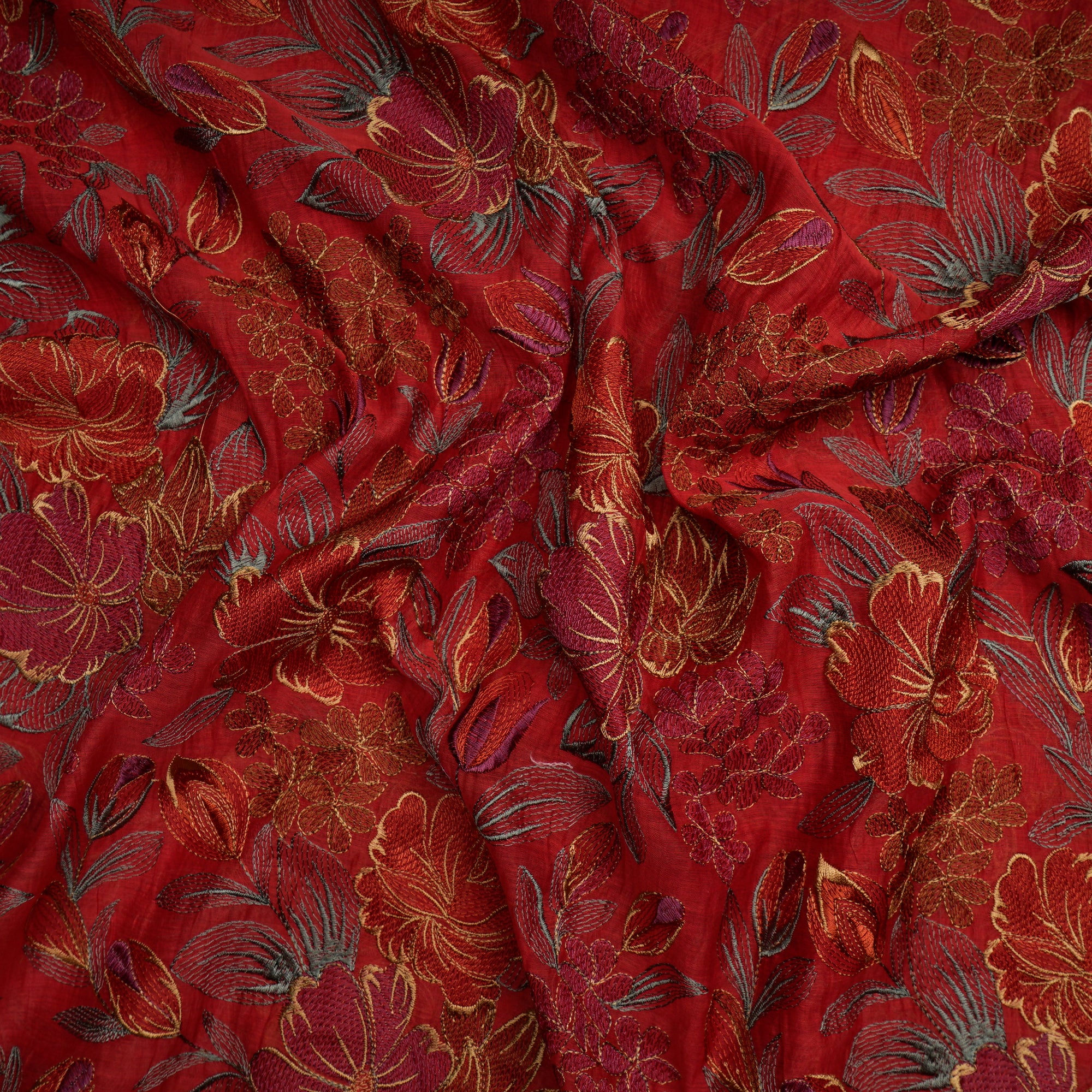 Red Dyed All Over Pattern Thread & Sequin Embroidered Chanderi Fabric