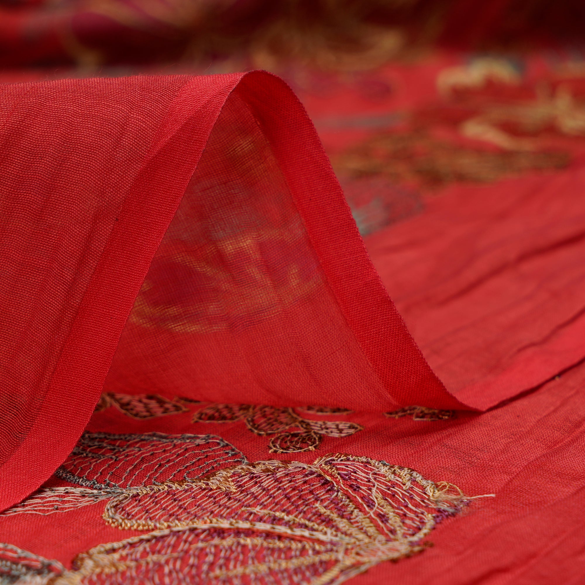 Red Dyed All Over Pattern Thread & Sequin Embroidered Chanderi Fabric