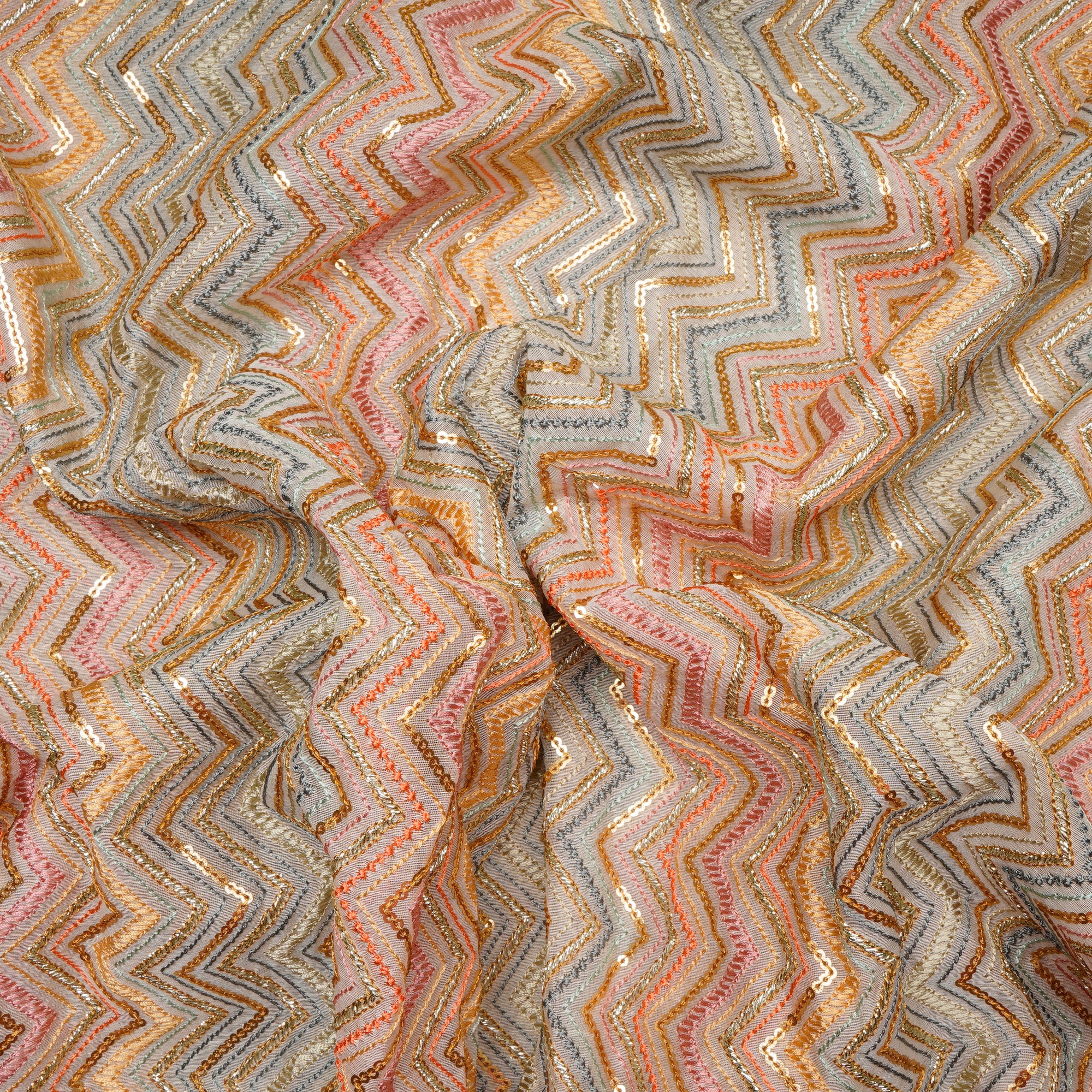 Multi Color All Over Pattern Embroidered Fine Chanderi Silk Fabric