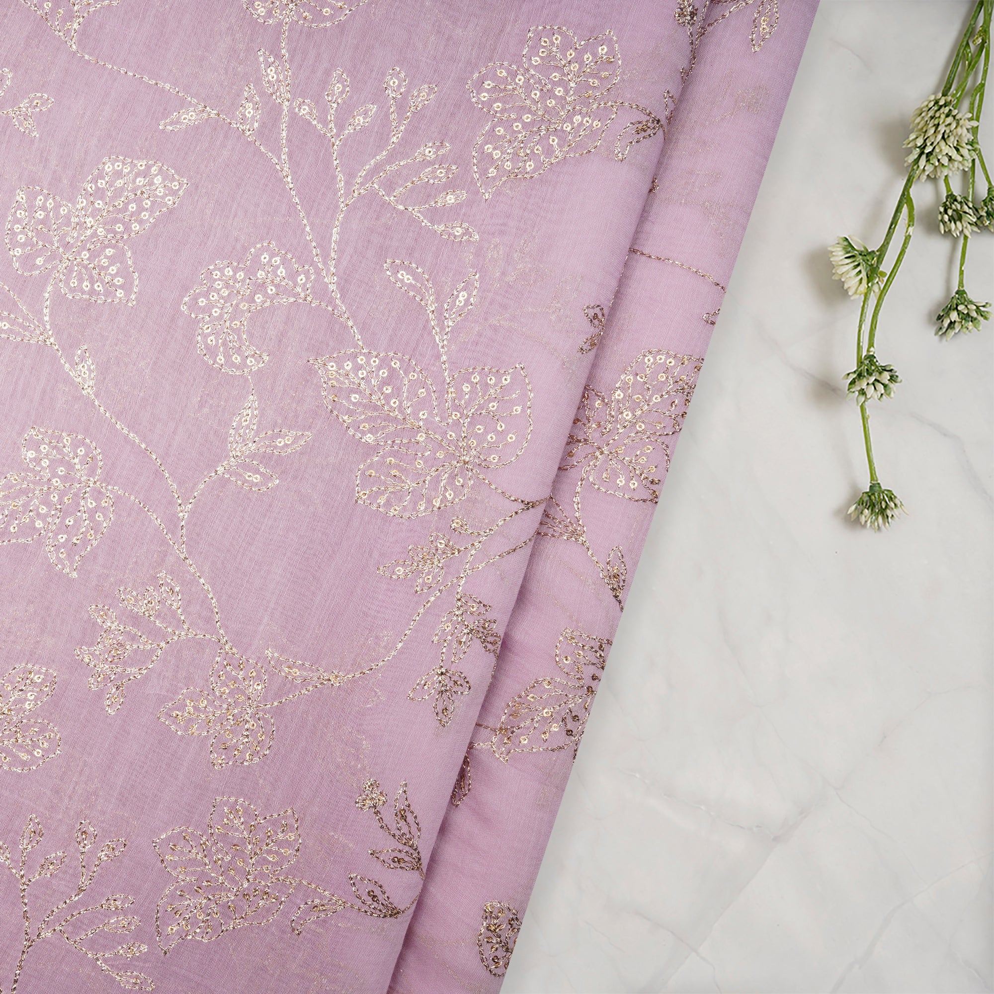 Lavender Floral Pattern Thread Embroidered Chanderi Fabric