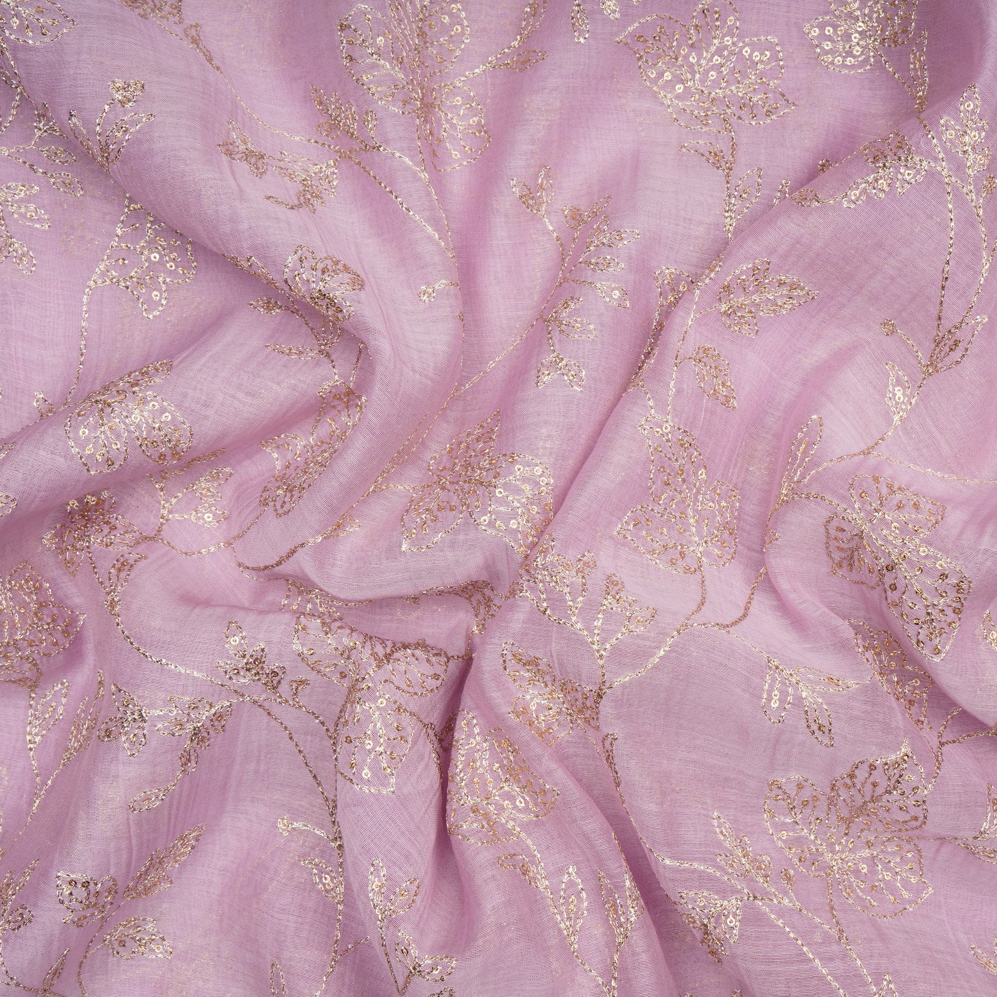 Lavender Floral Pattern Thread Embroidered Chanderi Fabric