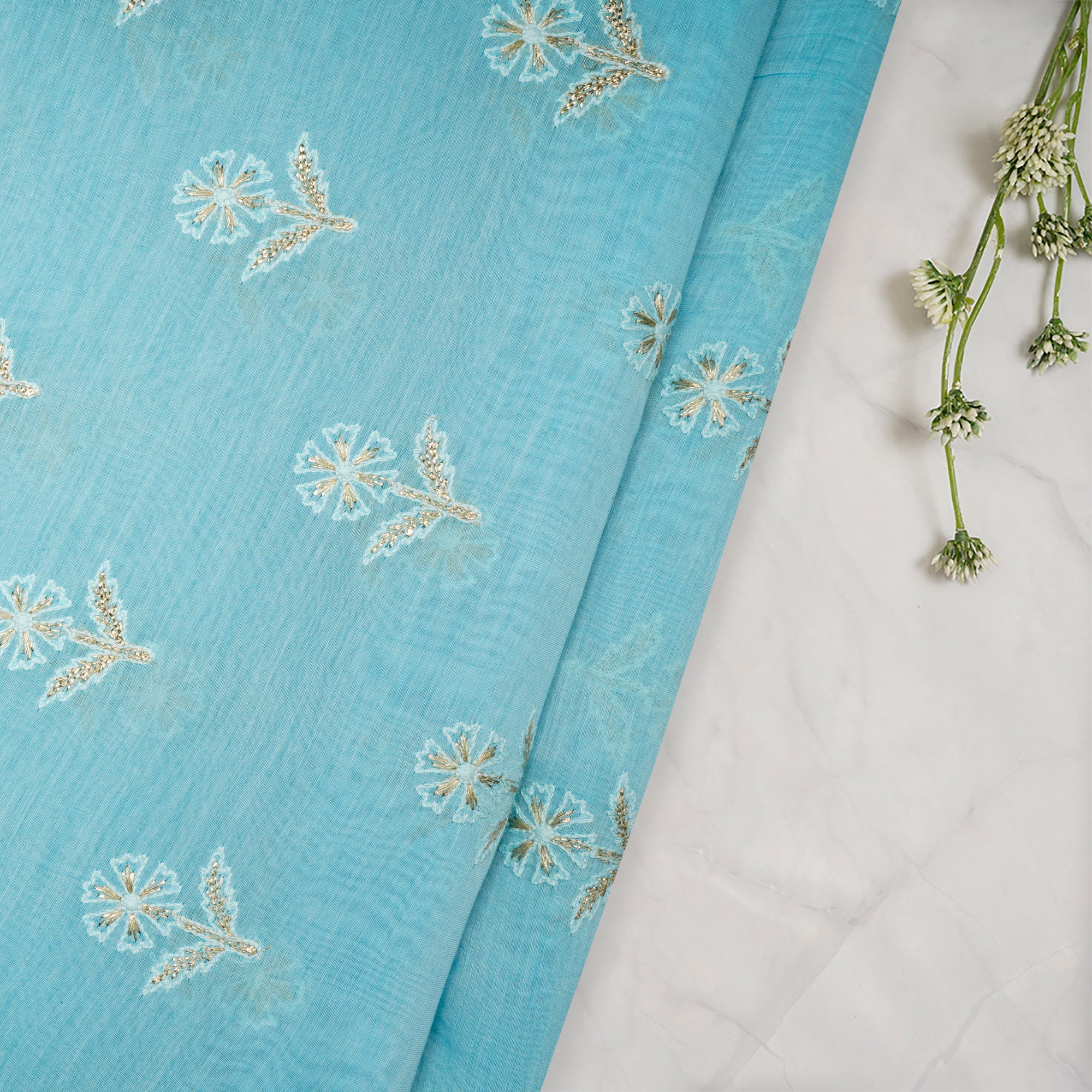 Ice Blue Motif Pattern Gota Patti Work Embroidered Chanderi Fabric