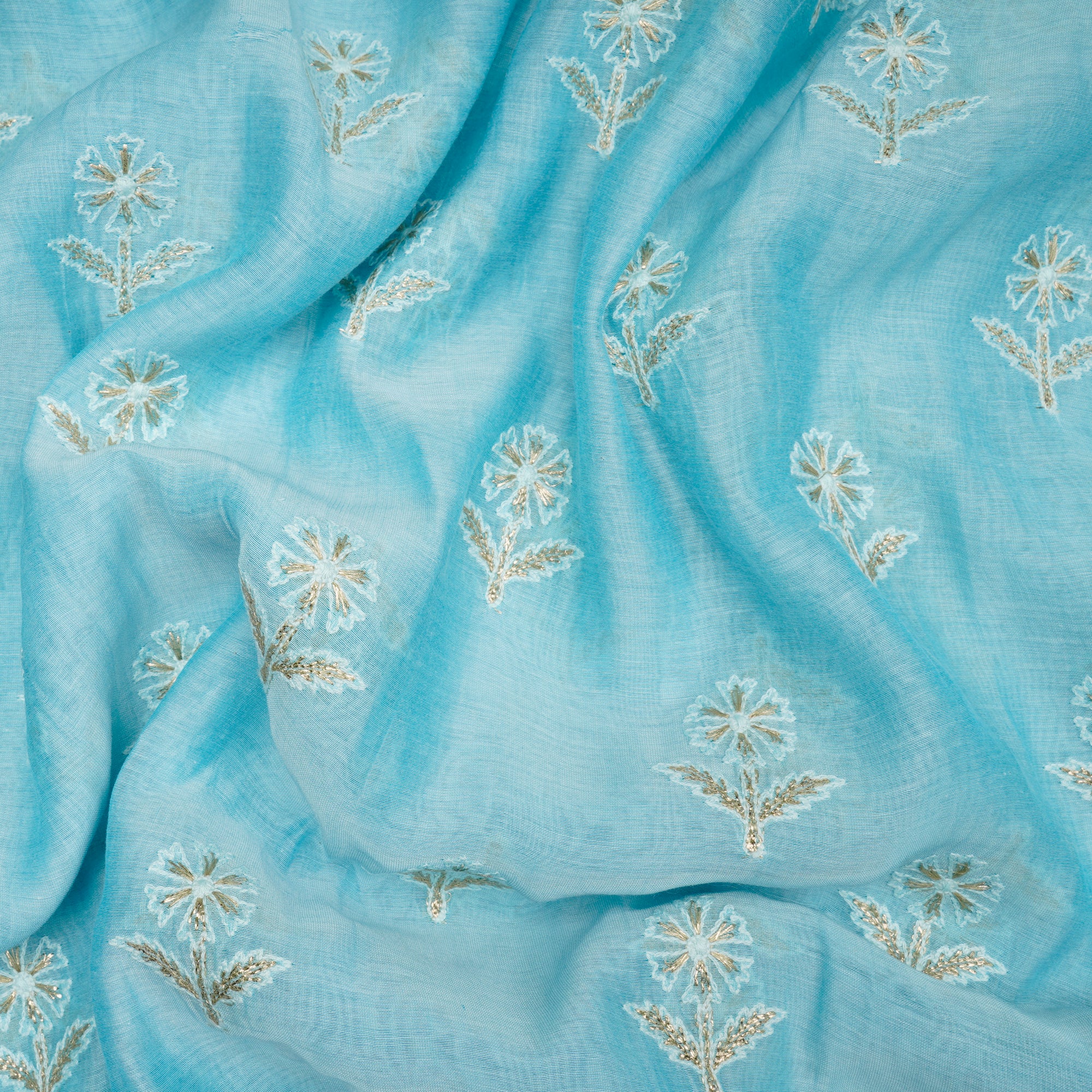 Ice Blue Motif Pattern Gota Patti Work Embroidered Chanderi Fabric