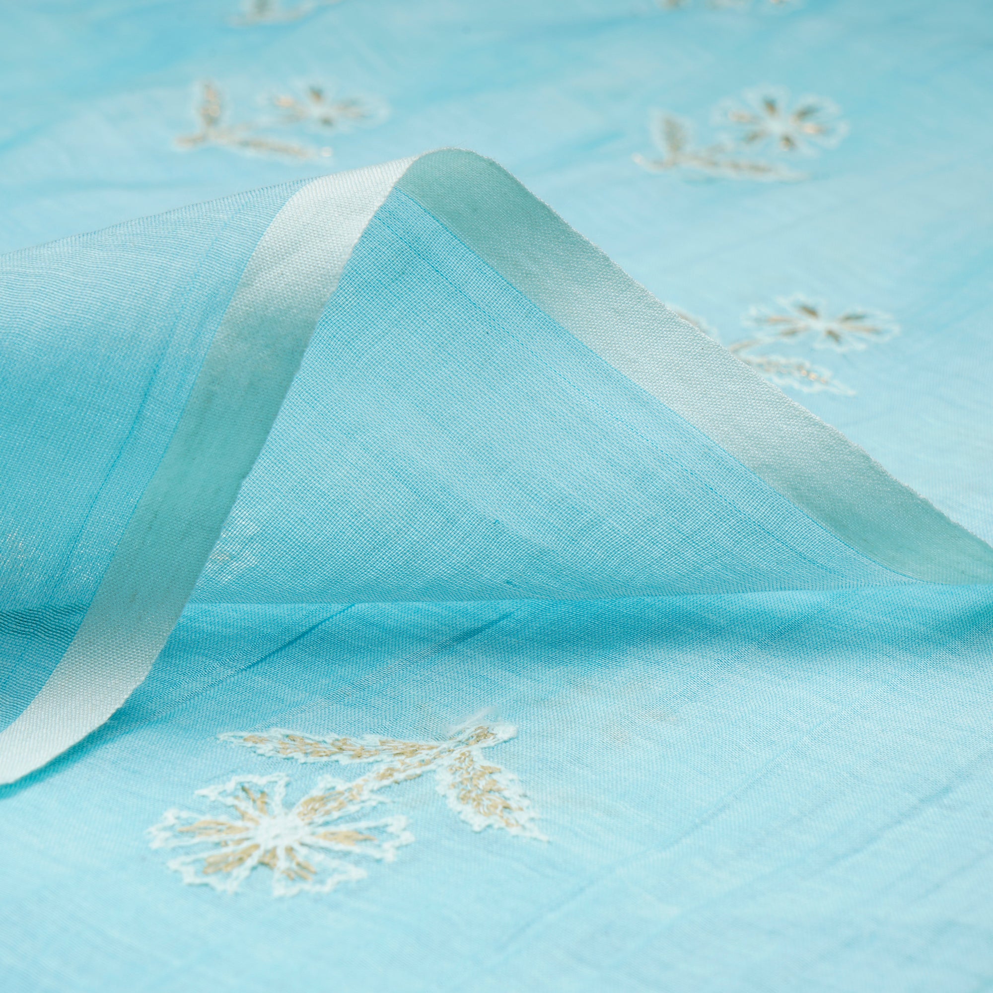 Ice Blue Motif Pattern Gota Patti Work Embroidered Chanderi Fabric