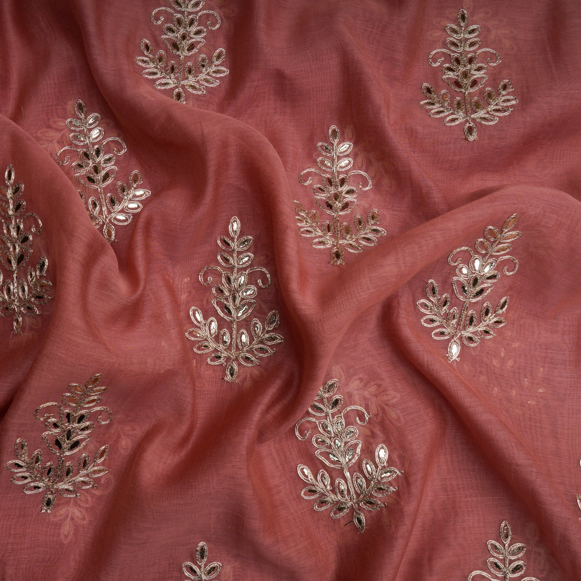 Peach Dyed Motif Pattern Gota Patti Work Embroidered Chanderi Fabric