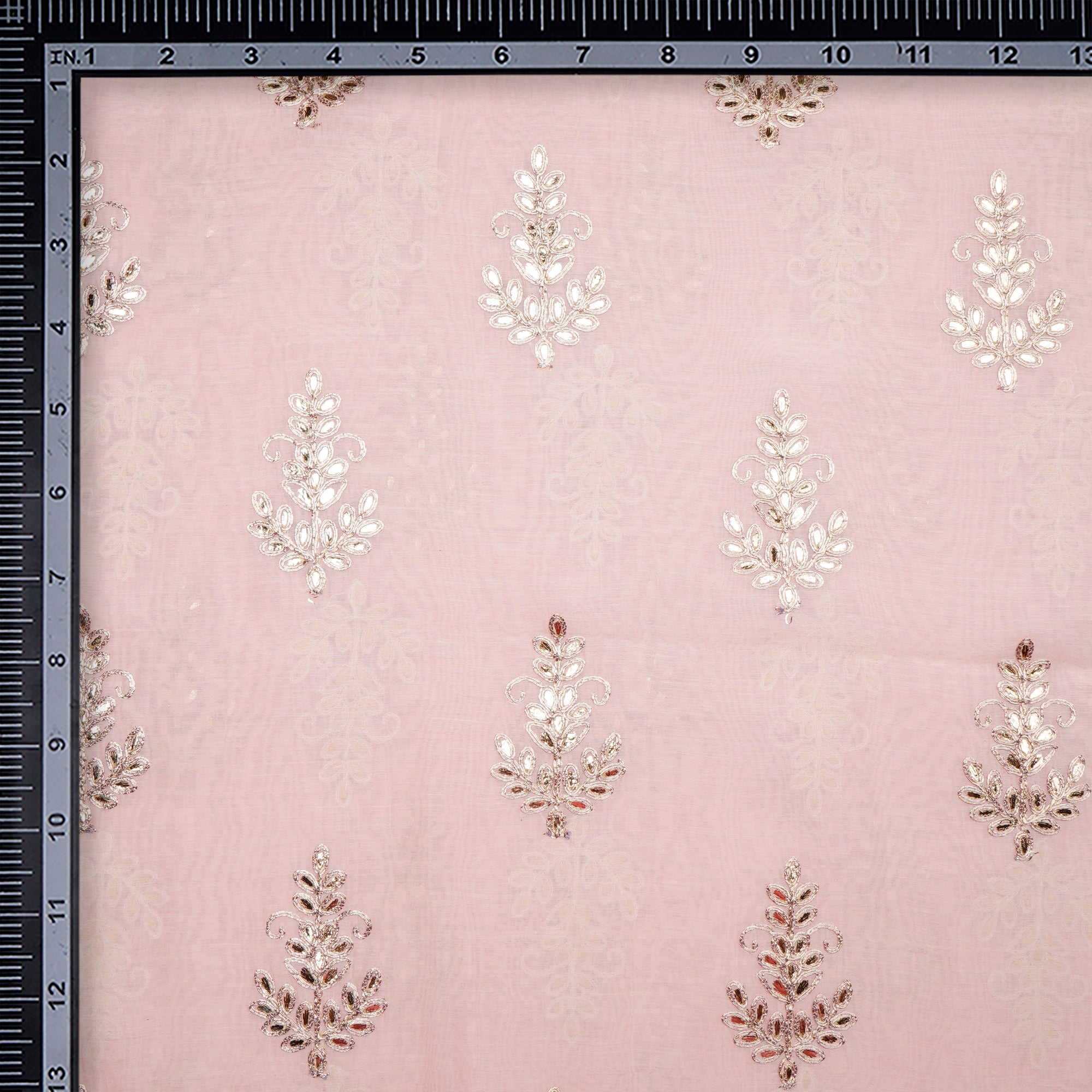 Baby Pink Dyed Motif Pattern Gota Patti Work Embroidered Chanderi Fabric