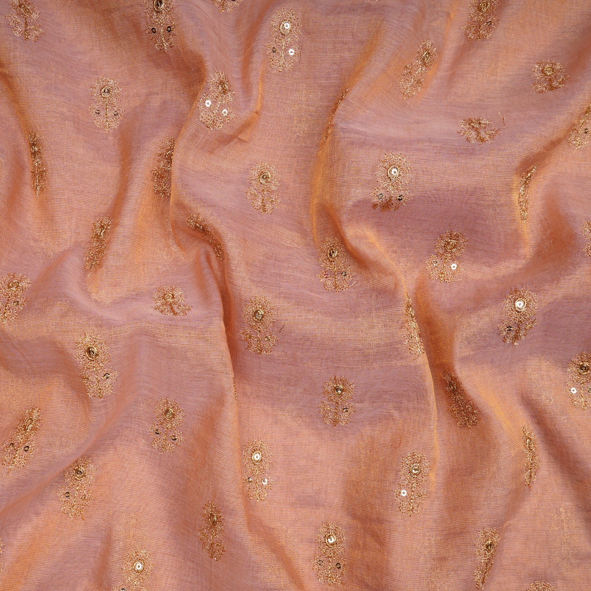 Pink-Gold Booti Pattern Thread & Sequin Embroidered Tissue Chanderi Fabric