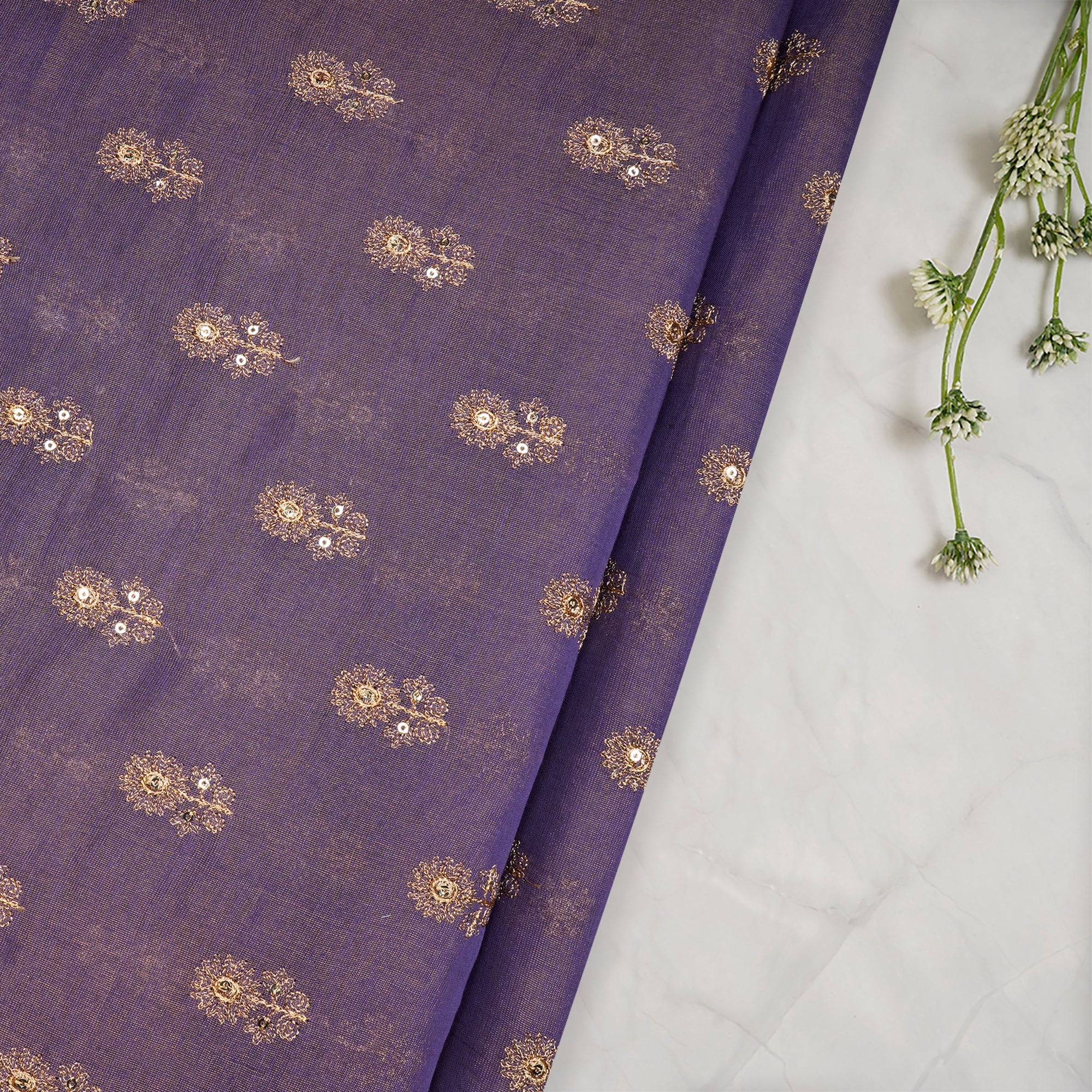 Purple-Gold Booti Pattern Thread & Sequin Embroidered Tissue Chanderi Fabric