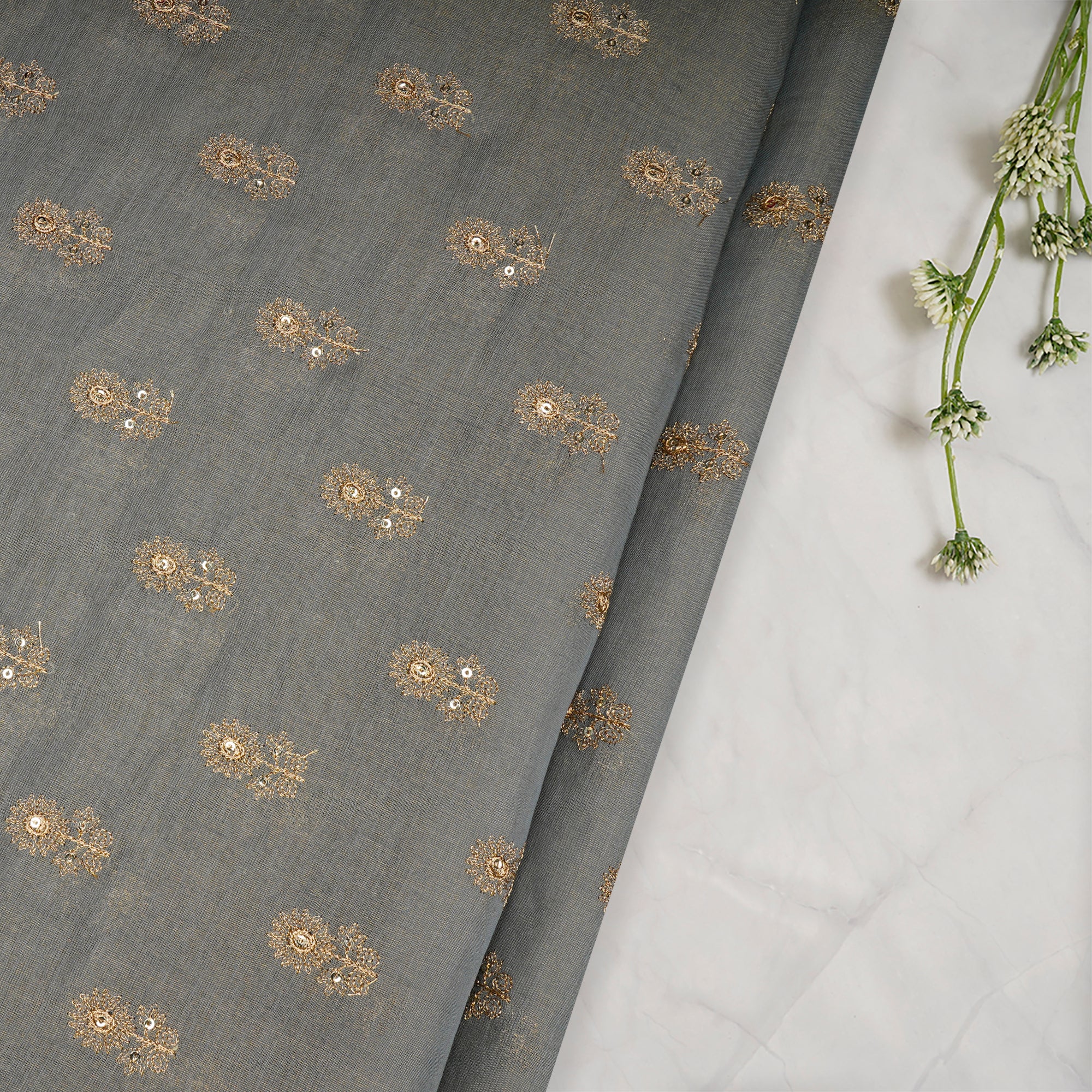 Buy Grey-Gold Booti Pattern Thread & Sequin Embroidered Tissue Chanderi ...