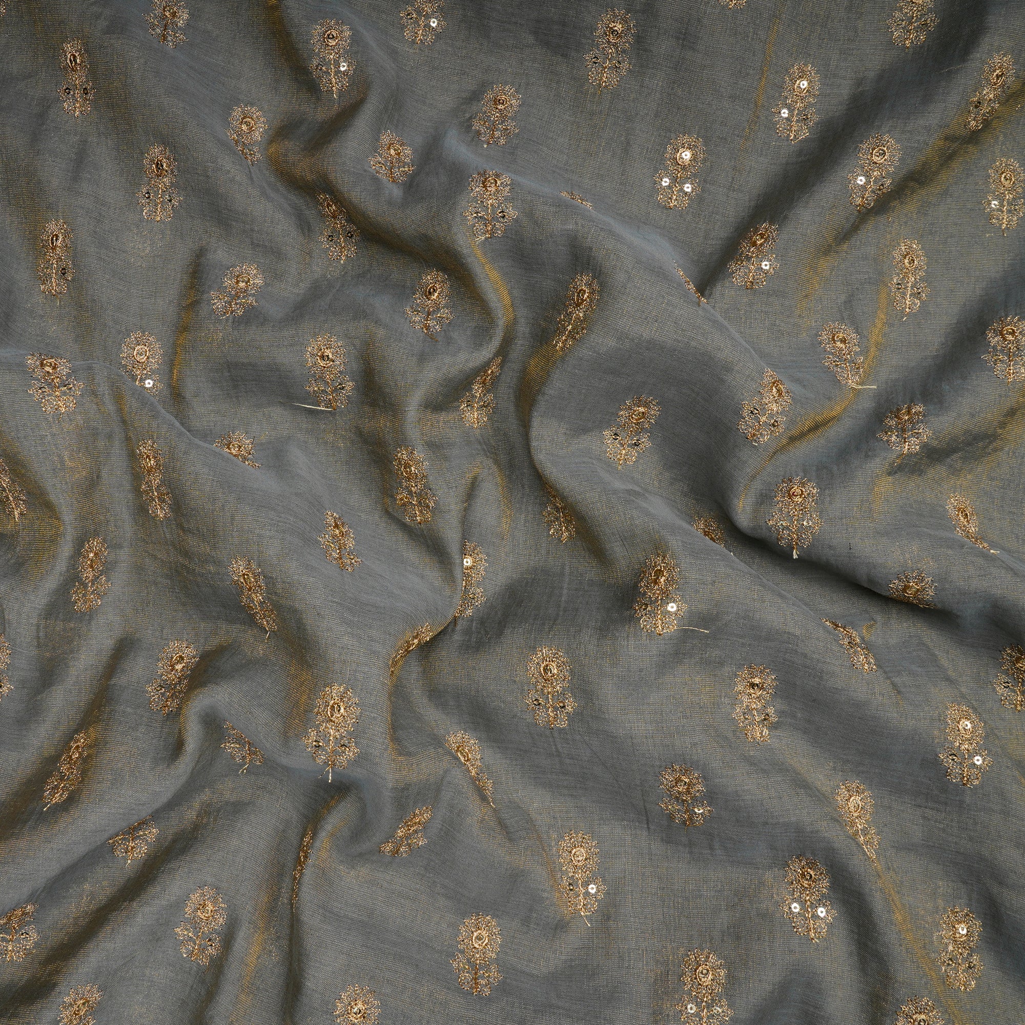 Grey-Gold Booti Pattern Thread & Sequin Embroidered Tissue Chanderi Fabric