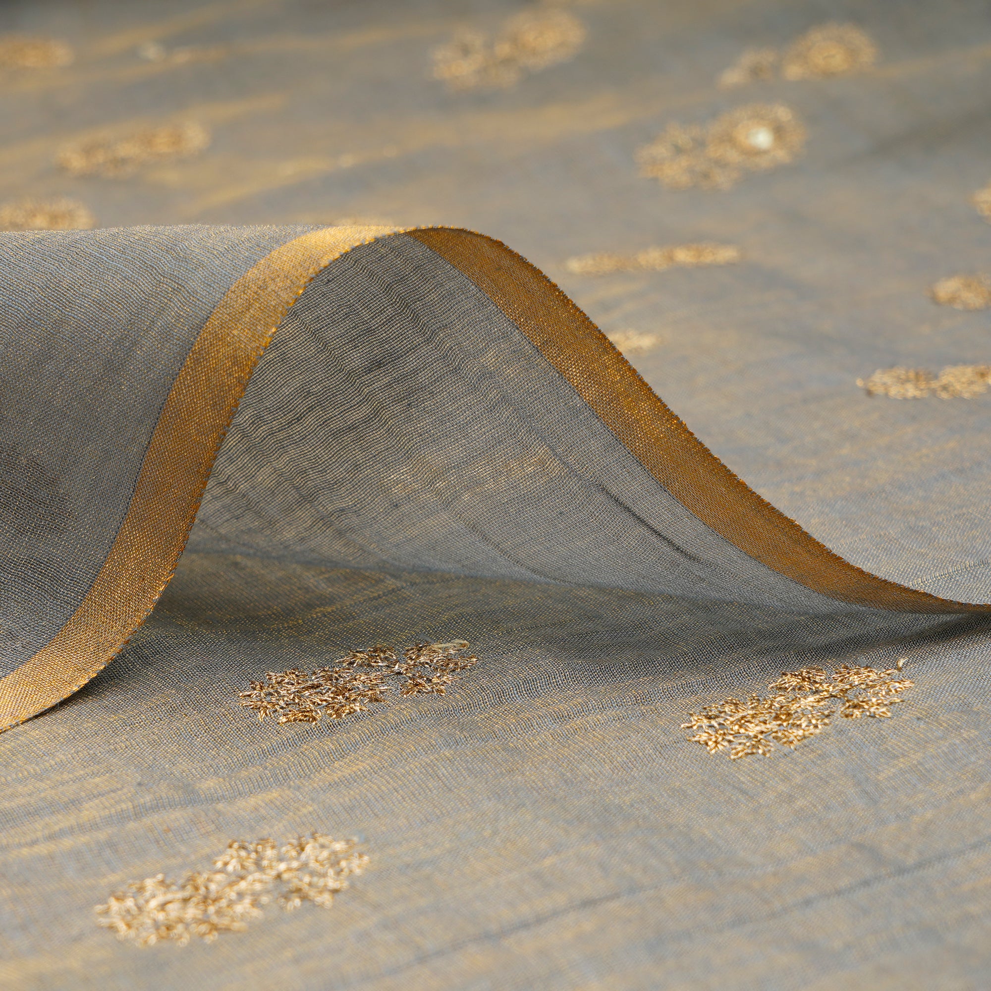 Buy Grey-Gold Booti Pattern Thread & Sequin Embroidered Tissue Chanderi ...