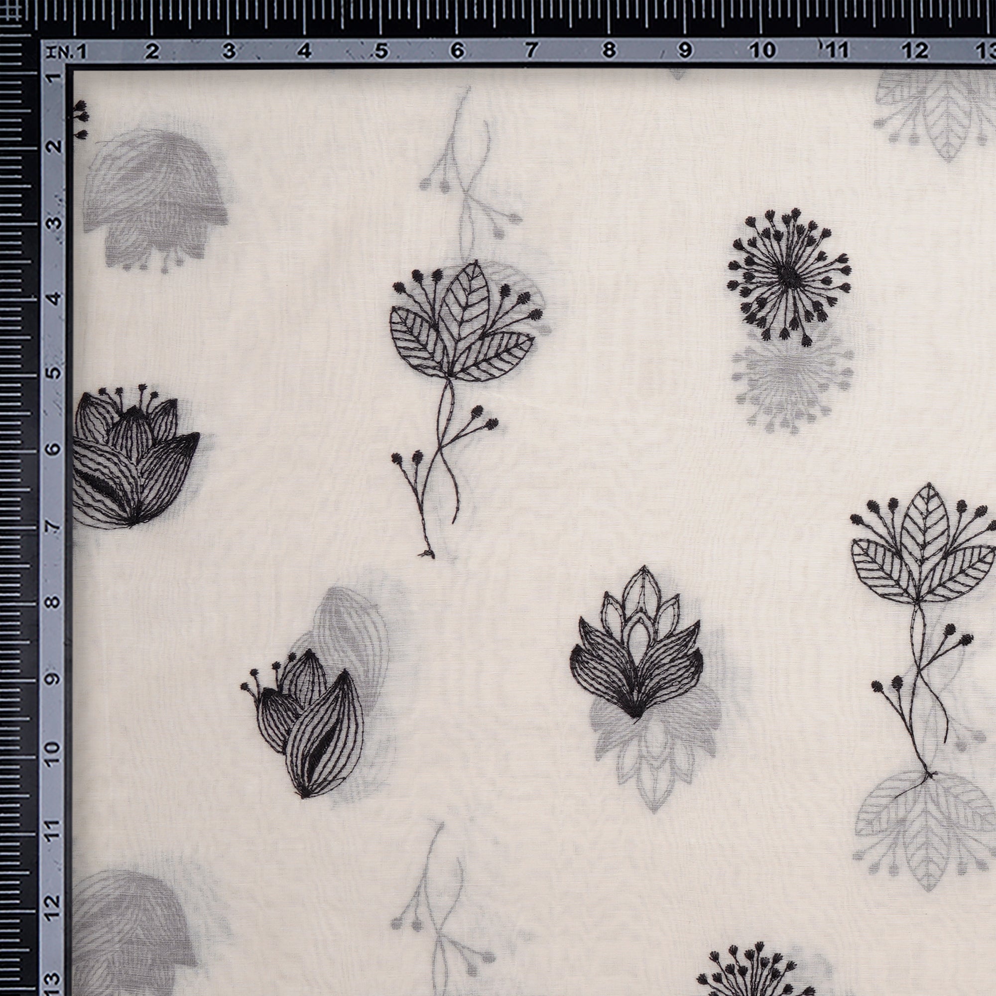 White-Black Floral Pattern Thread Embroidered Cotton Fabric