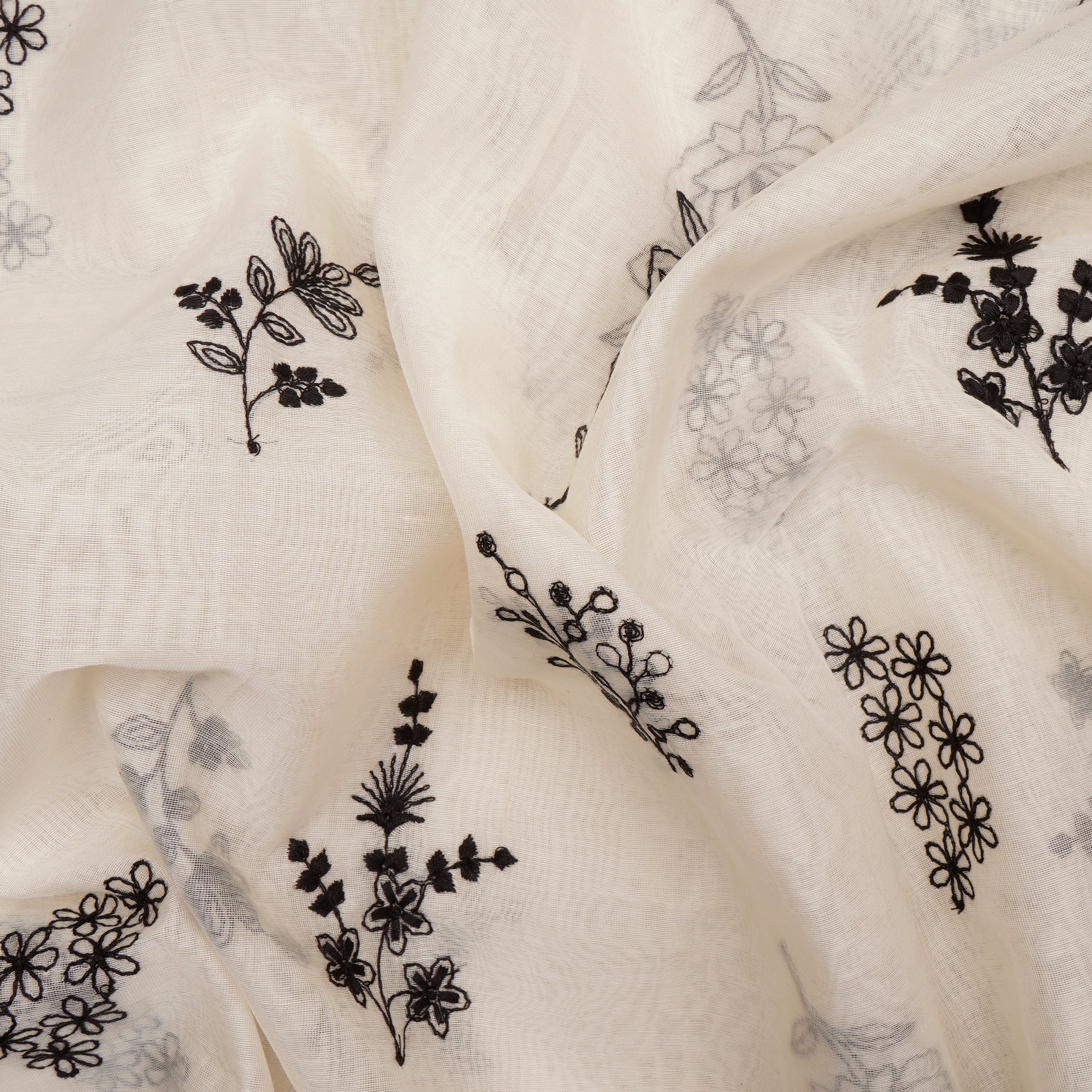 White-Black Floral Pattern Thread Embroidered Cotton Fabric