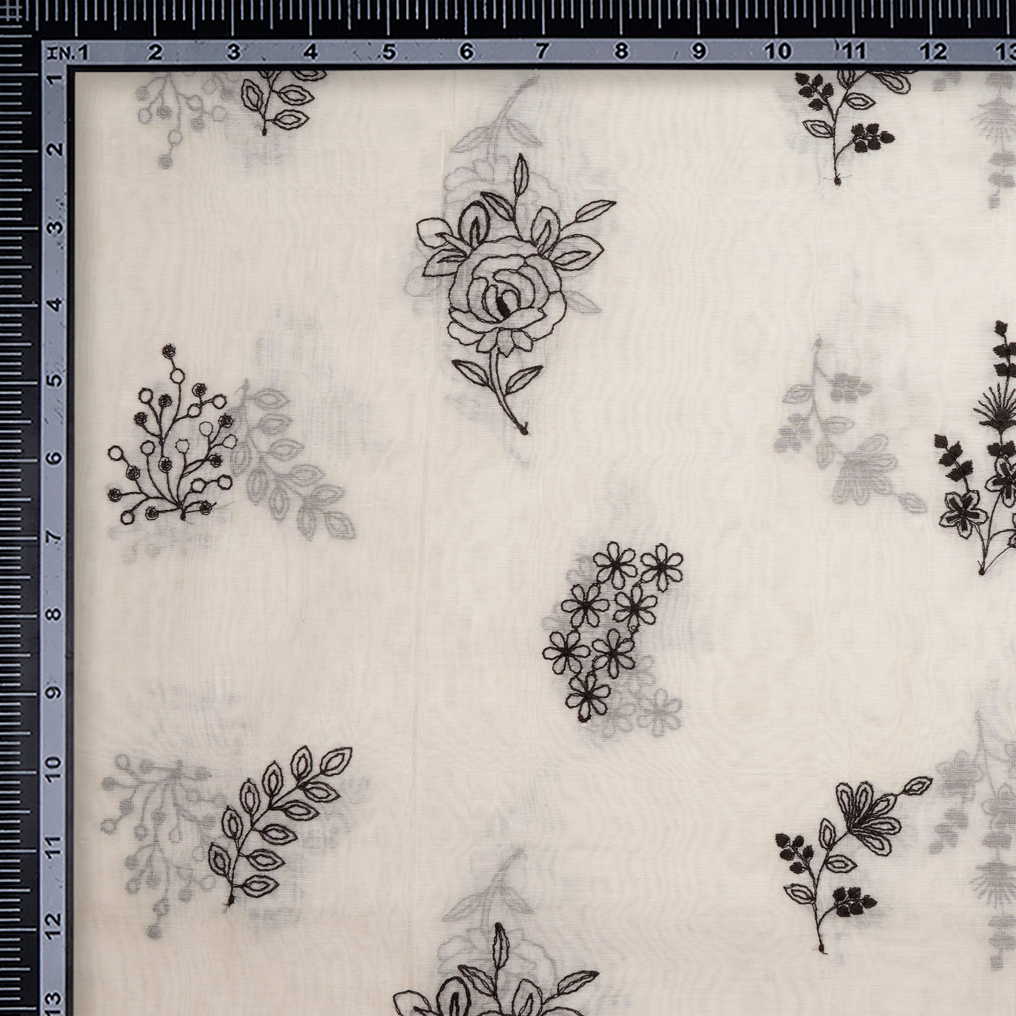 White-Black Floral Pattern Thread Embroidered Cotton Fabric