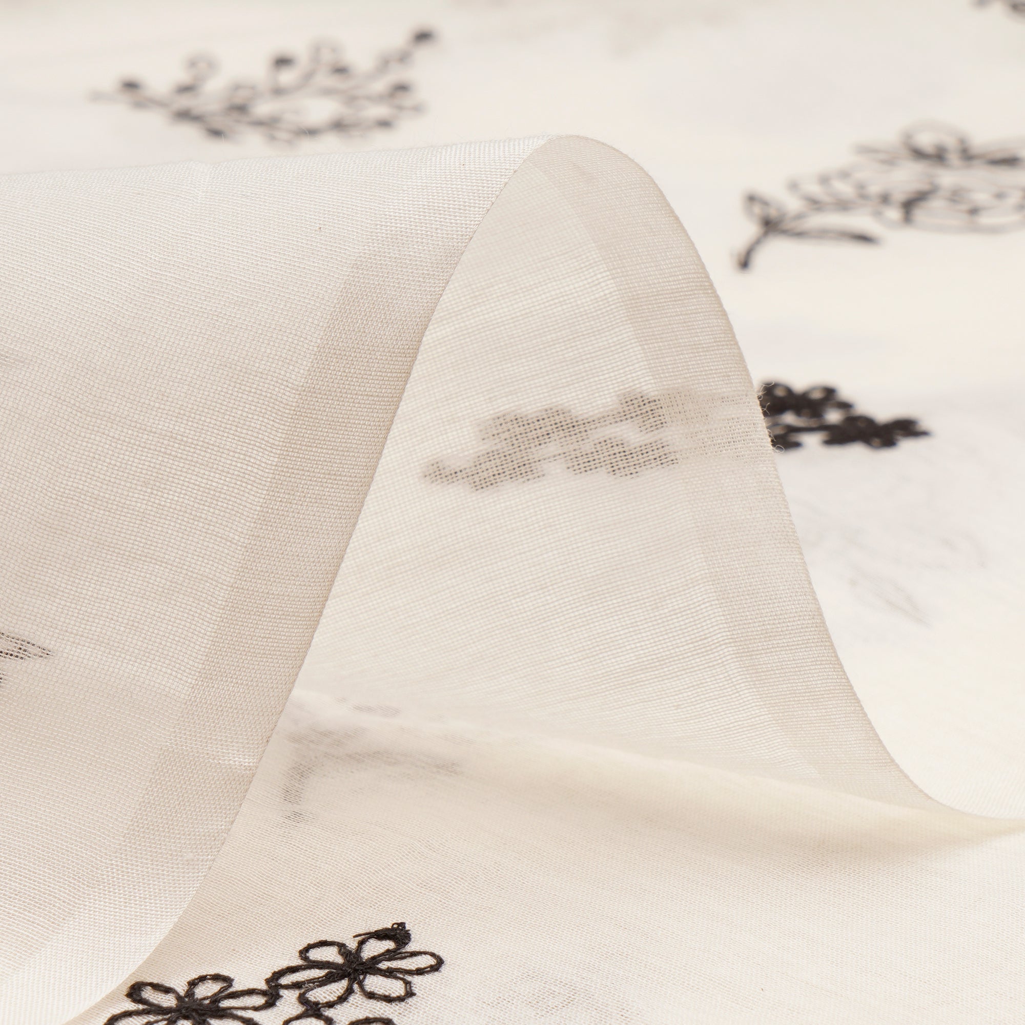 White-Black Floral Pattern Thread Embroidered Cotton Fabric