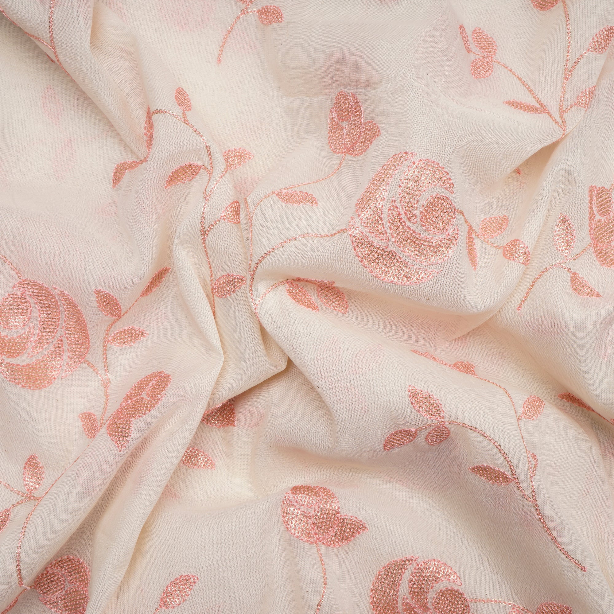 White-Peach Floral Pattern Thread Embroidered Cotton Fabric