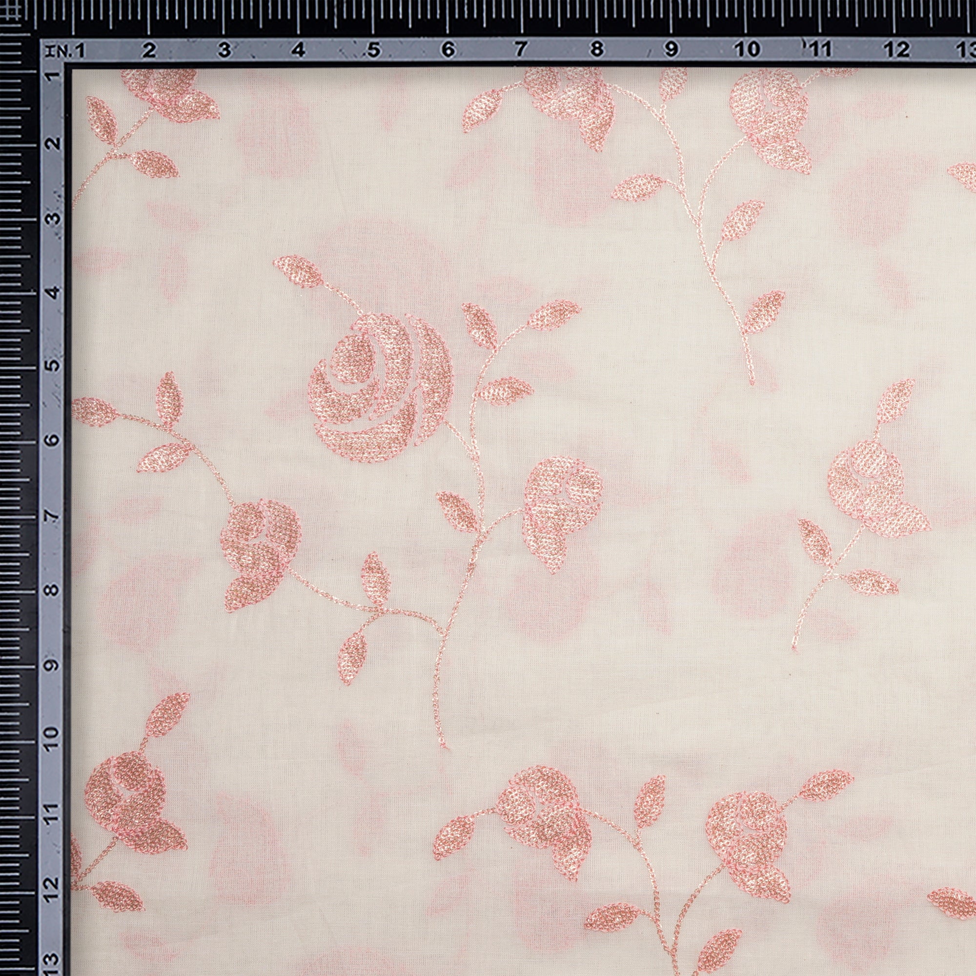 White-Peach Floral Pattern Thread Embroidered Cotton Fabric