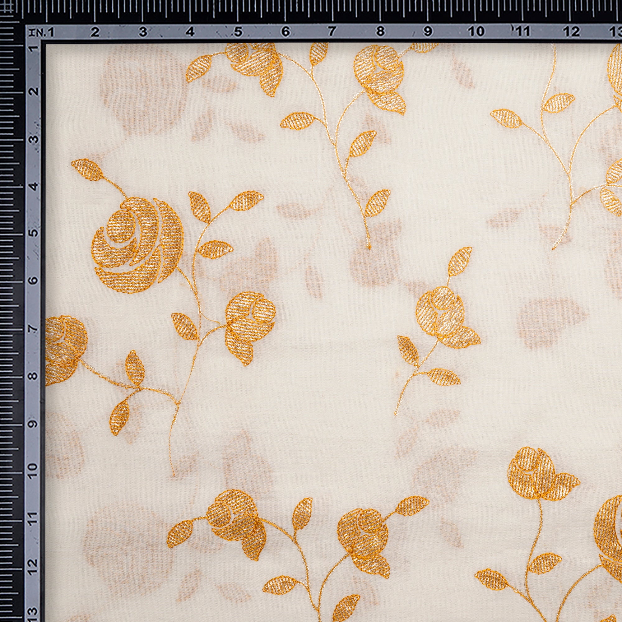 White-Musterd Floral Pattern Thread Embroidered Cotton Fabric