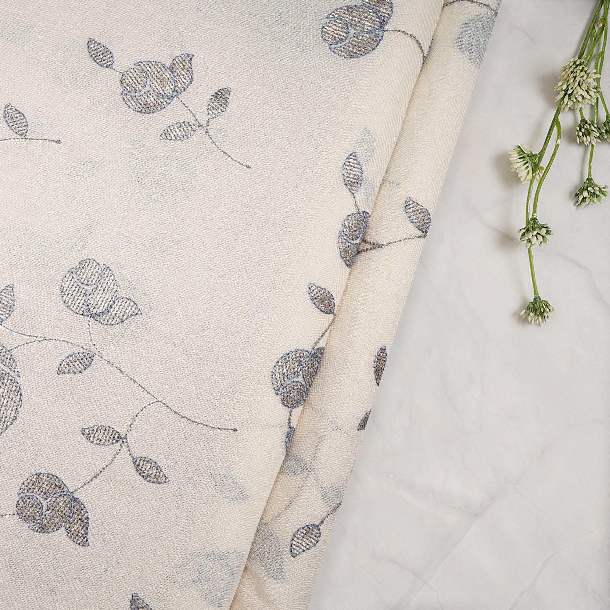 White-Grey Floral Pattern Thread Embroidered Cotton Fabric