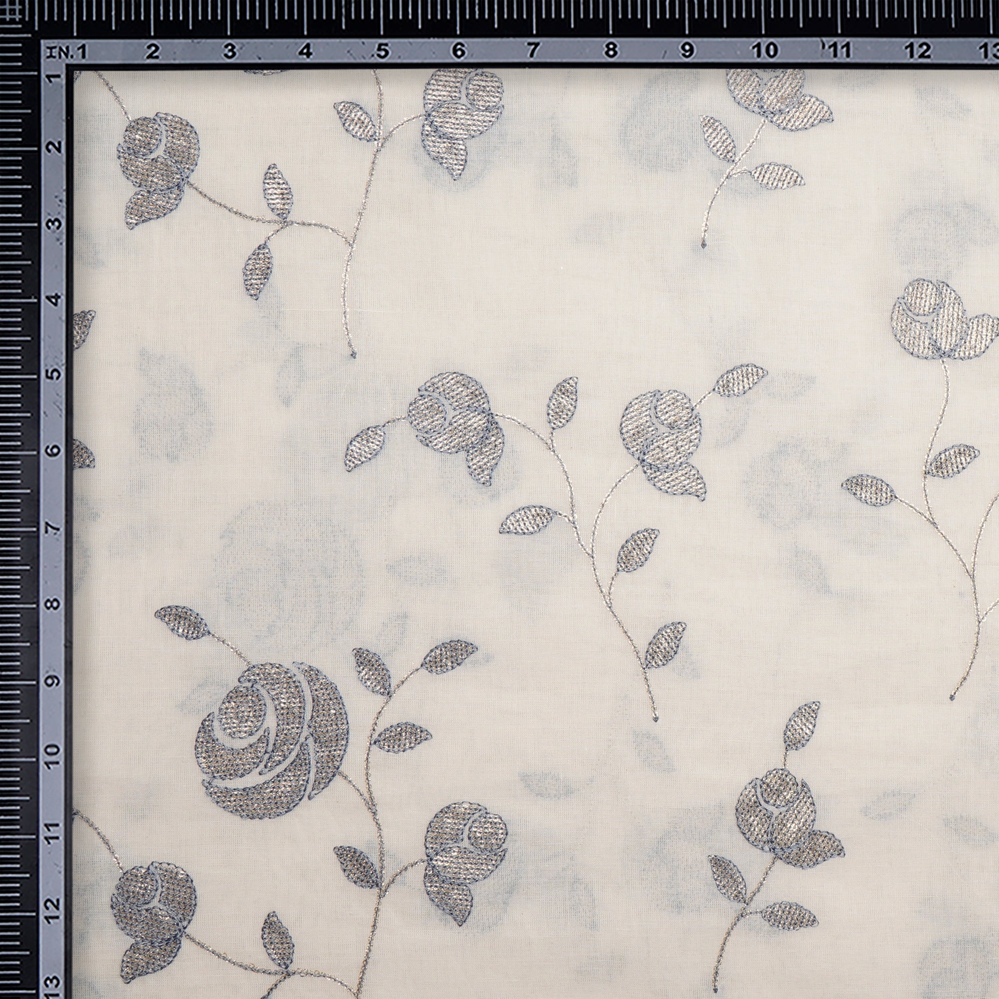 White-Grey Floral Pattern Thread Embroidered Cotton Fabric